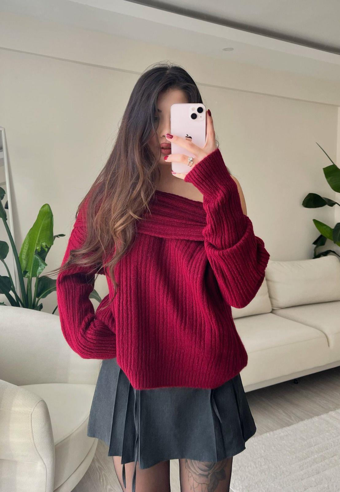 Ashley Kayık Yaka Triko Kazak Bordo