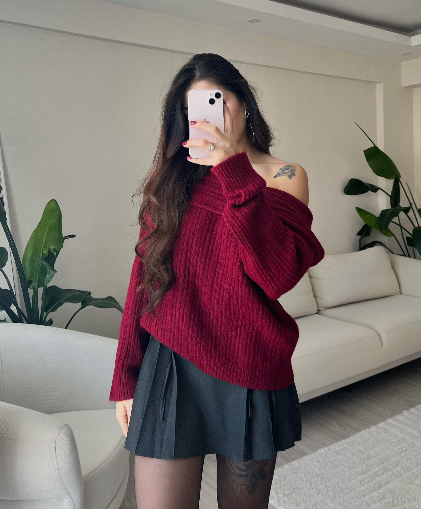 Ashley Kayık Yaka Triko Kazak Bordo
