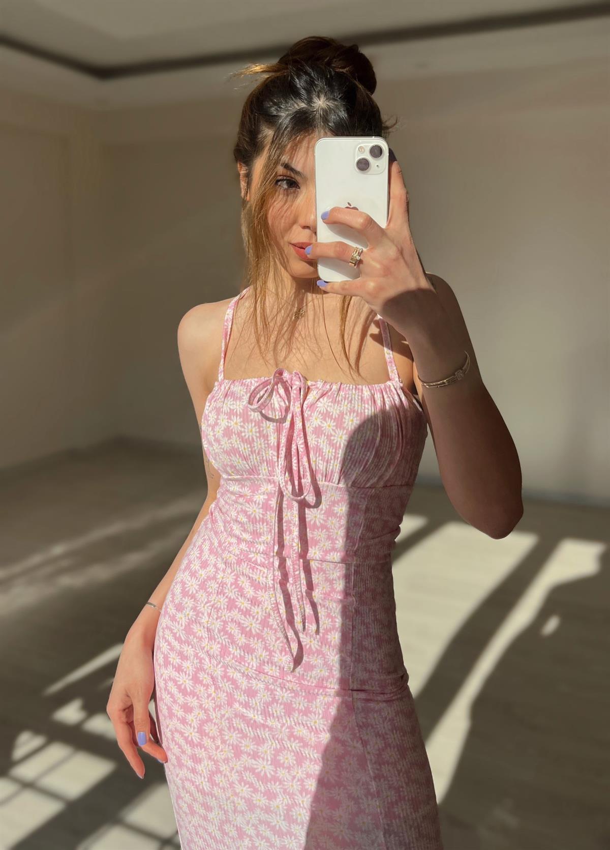 Aster Pembe Midi Çiçekli Elbise