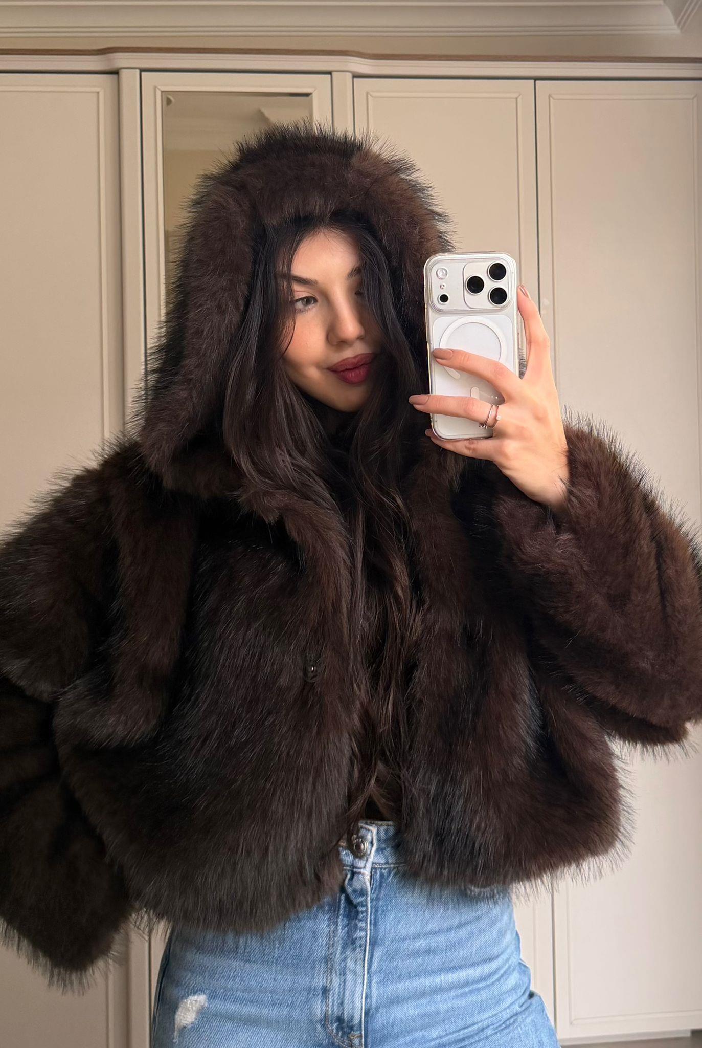 Avelyn Kapüşonlu Crop Kürk Acı Kahve