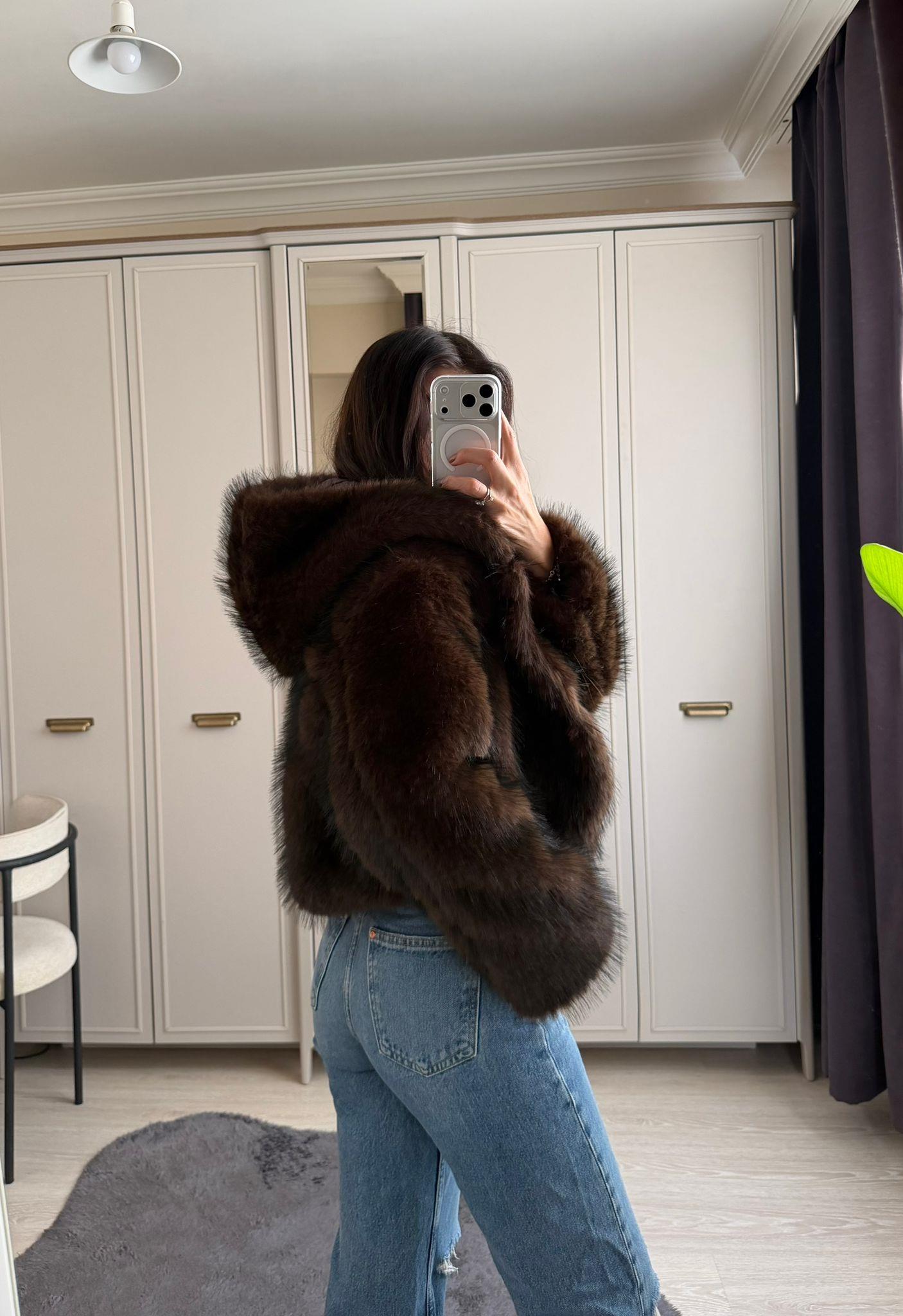 Avelyn Kapüşonlu Crop Kürk Acı Kahve