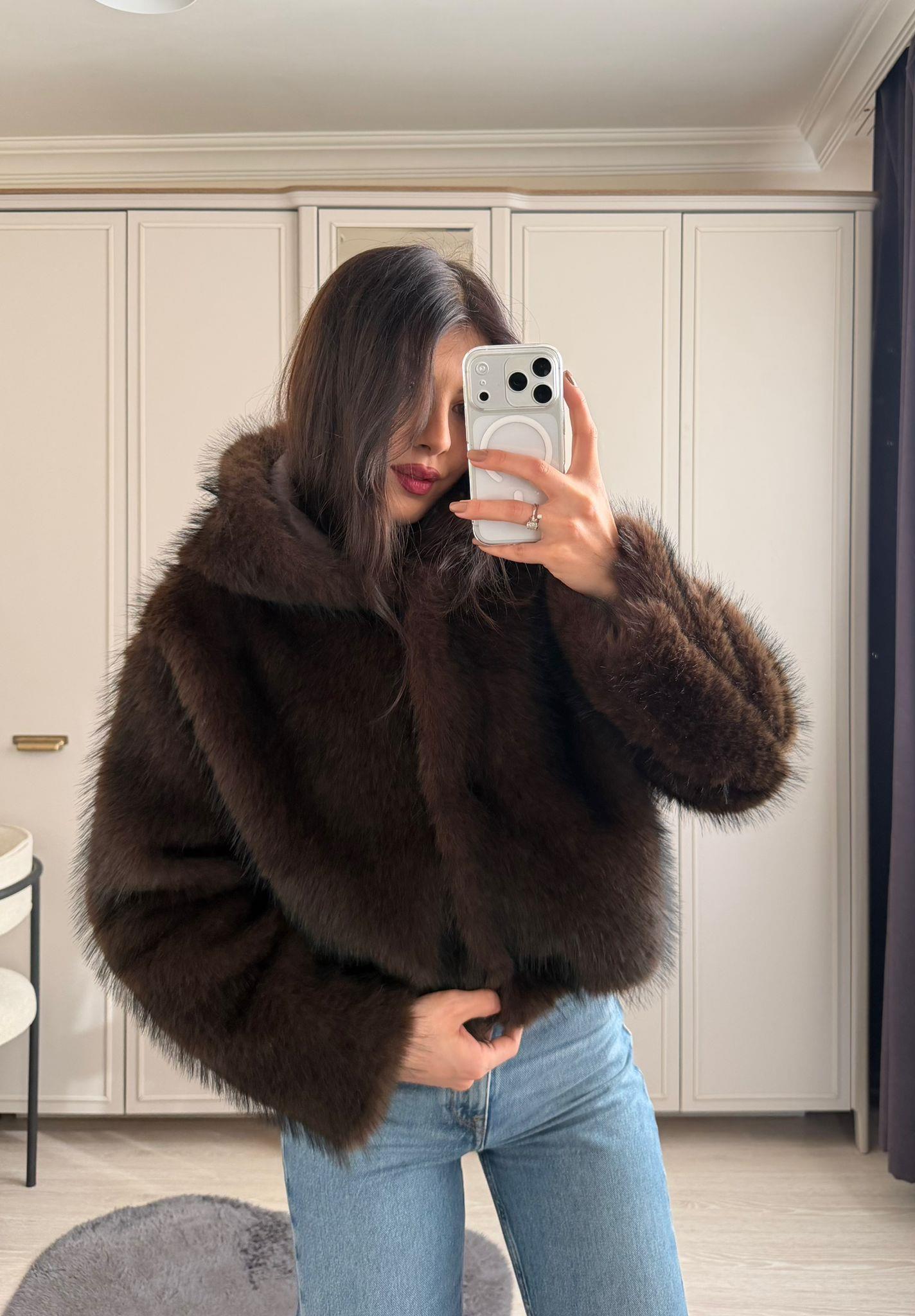Avelyn Kapüşonlu Crop Kürk Acı Kahve