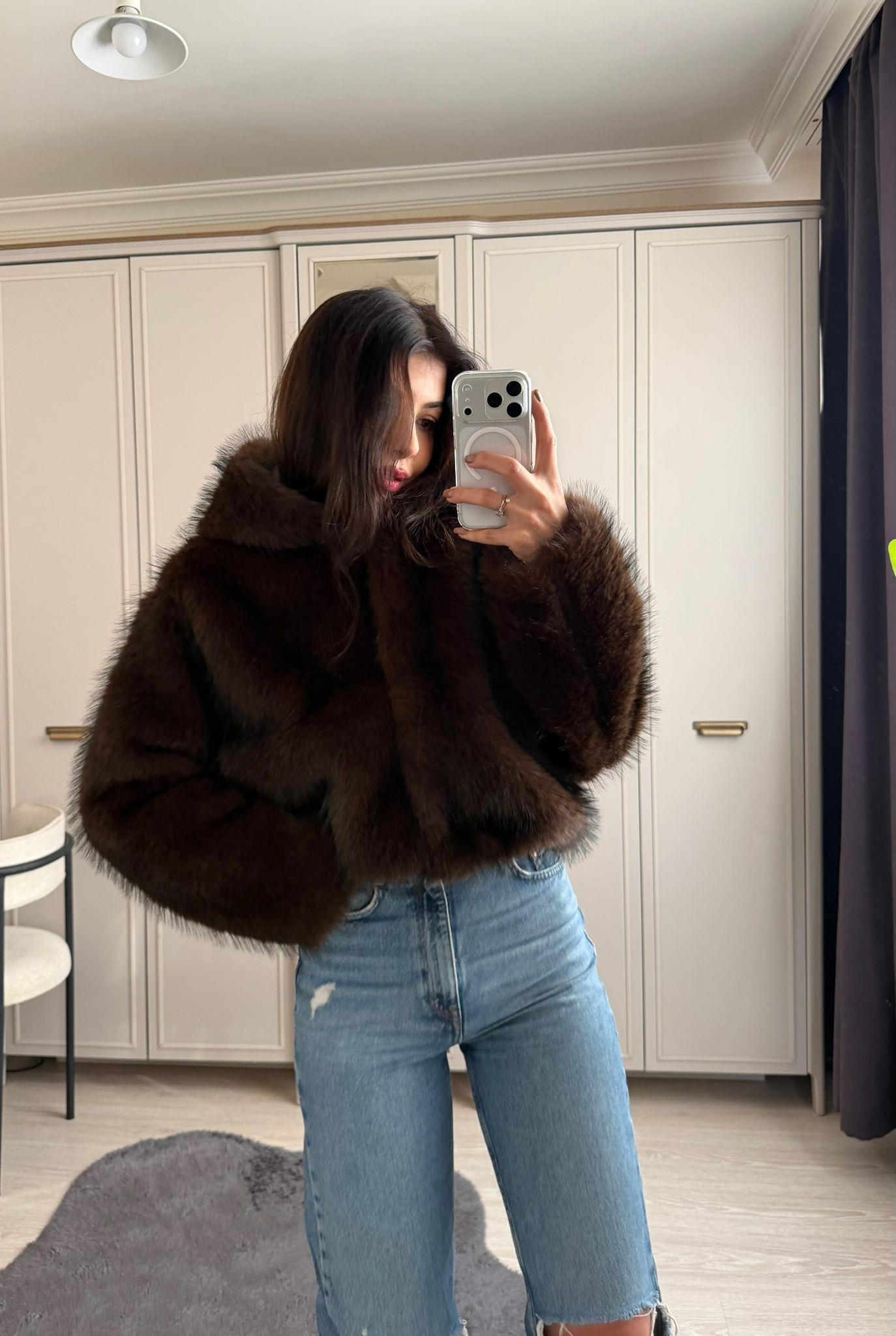 Avelyn Kapüşonlu Crop Kürk Acı Kahve