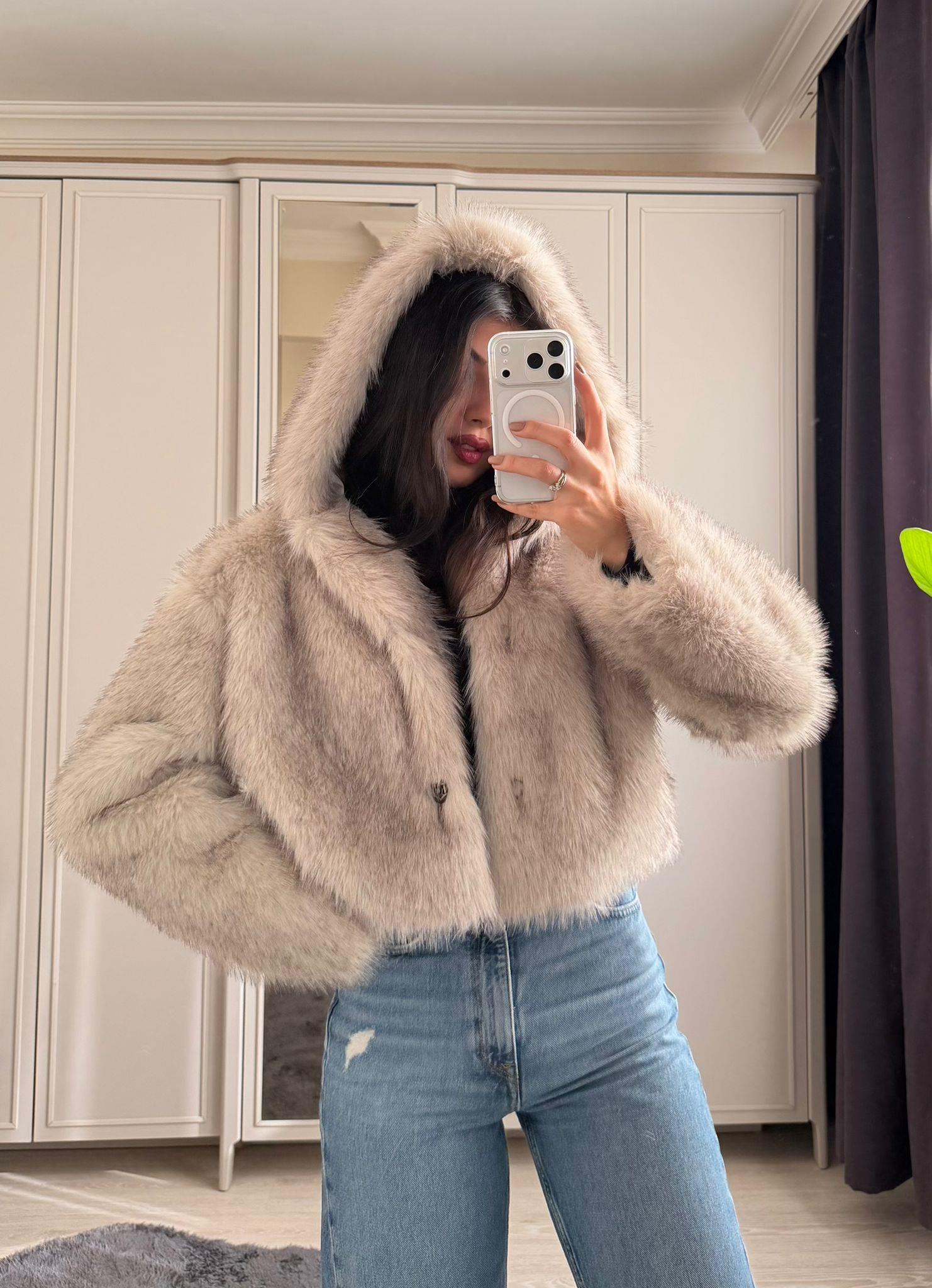Avelyn Kapüşonlu Crop Kürk Taş