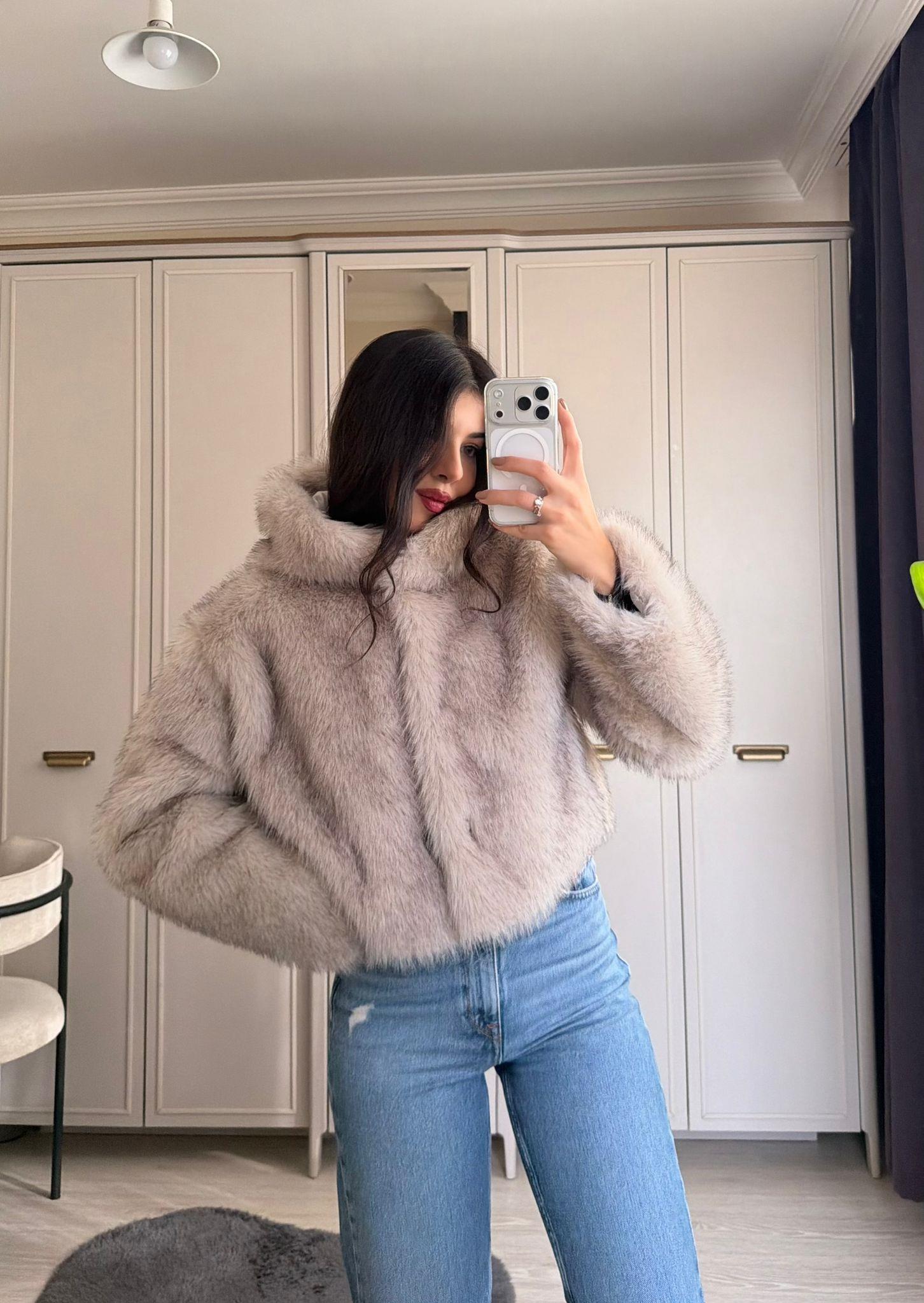 Avelyn Kapüşonlu Crop Kürk Taş