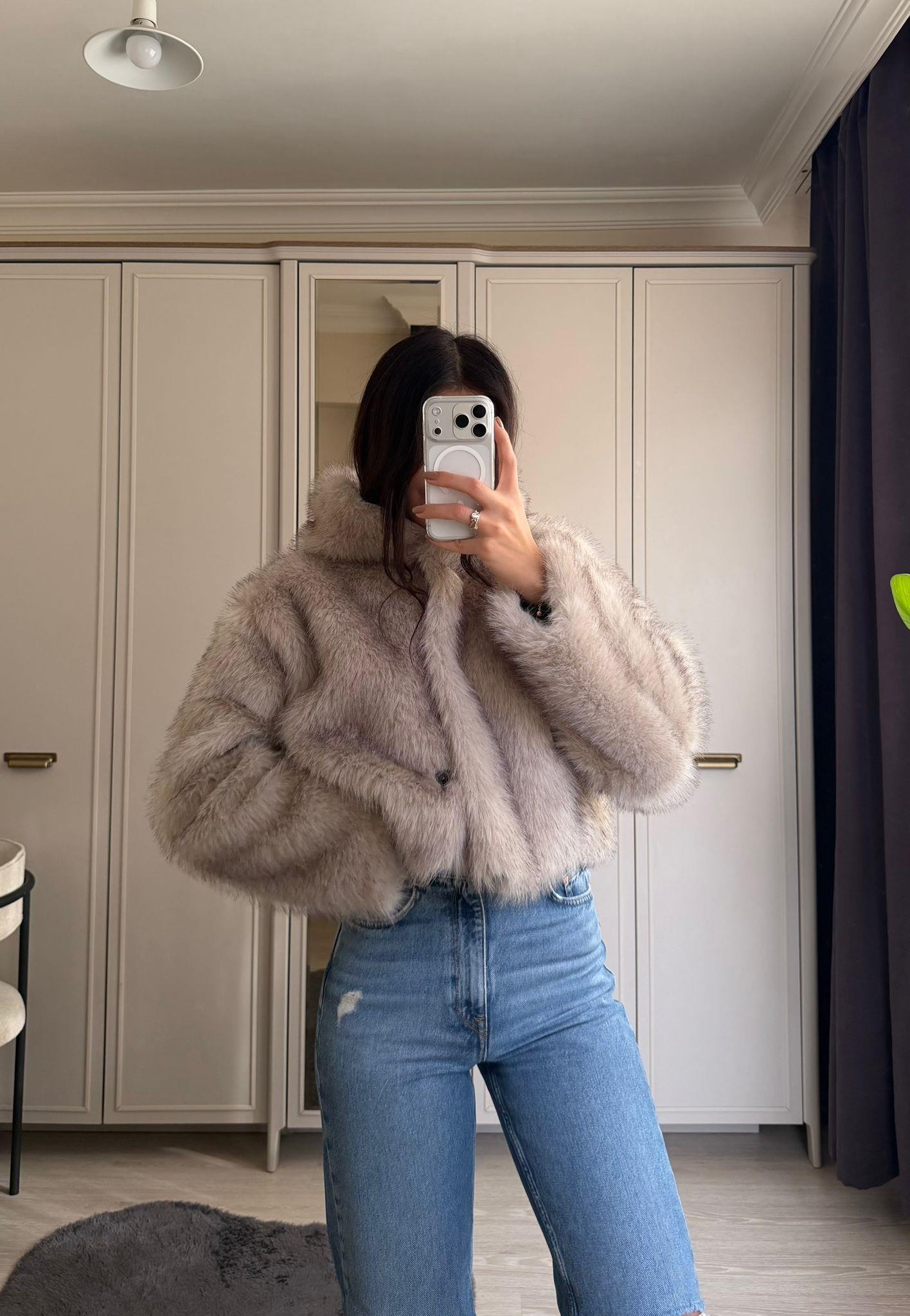 Avelyn Kapüşonlu Crop Kürk Taş