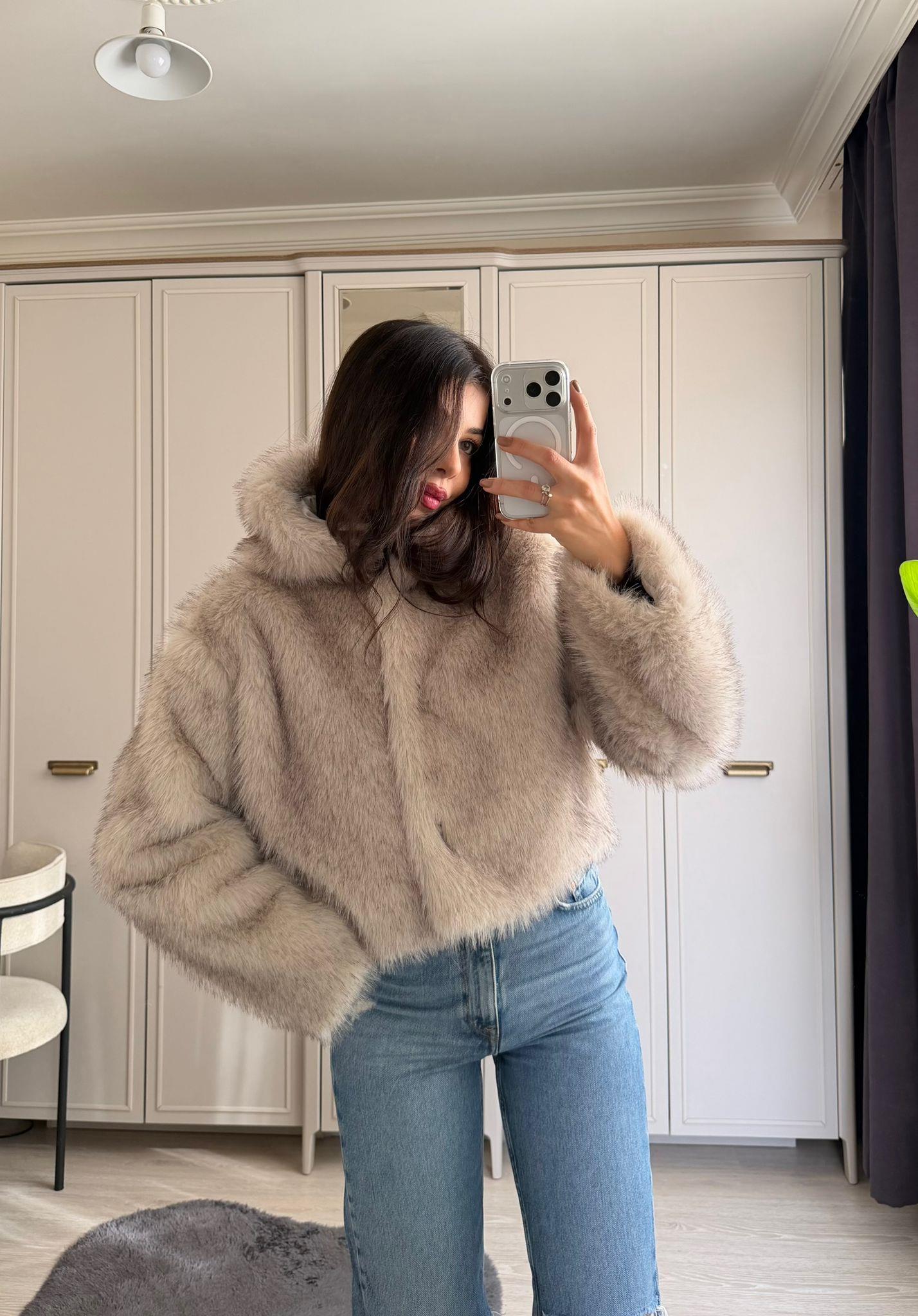 Avelyn Kapüşonlu Crop Kürk Taş