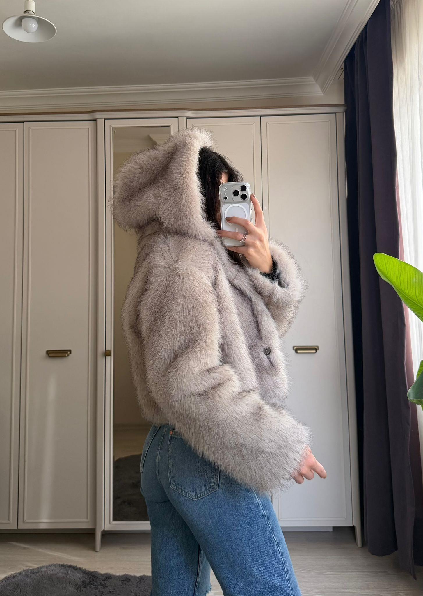 Avelyn Kapüşonlu Crop Kürk Taş