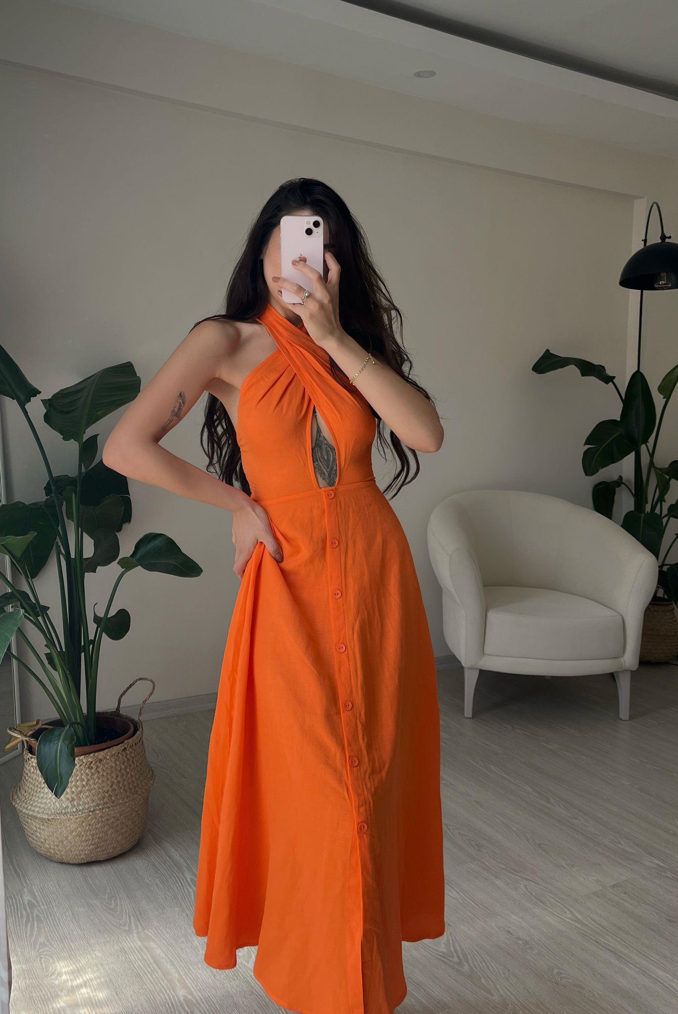 Bali Boyundan Bağlamalı Düğmeli Midi Keten Elbise Orange