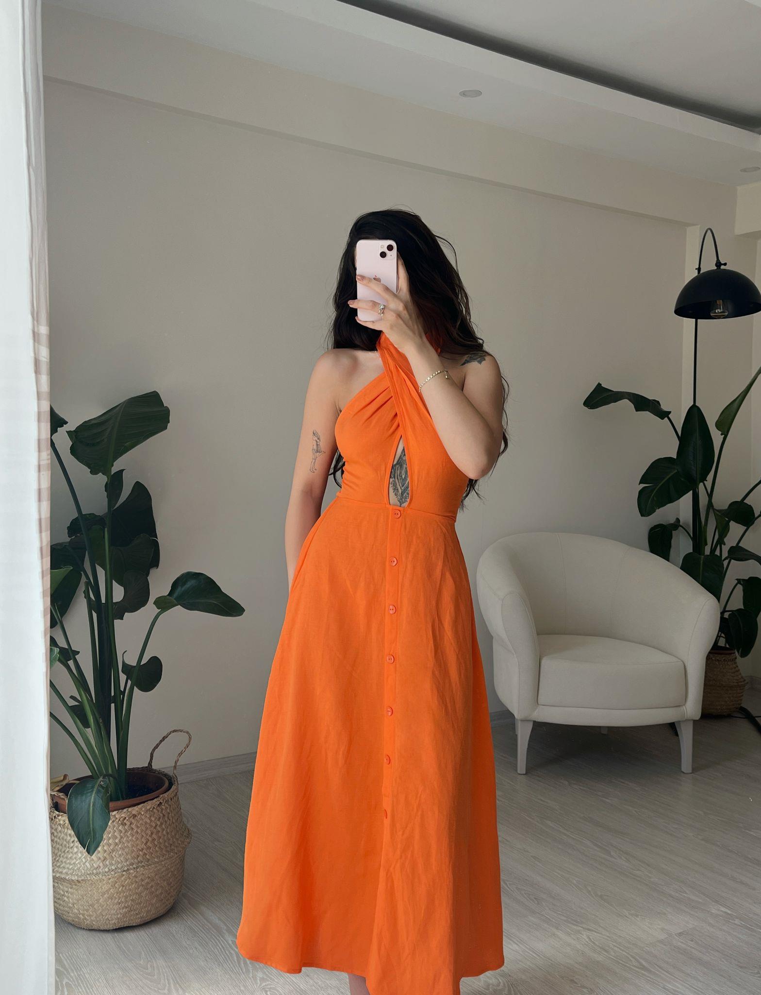Bali Boyundan Bağlamalı Düğmeli Midi Keten Elbise Orange