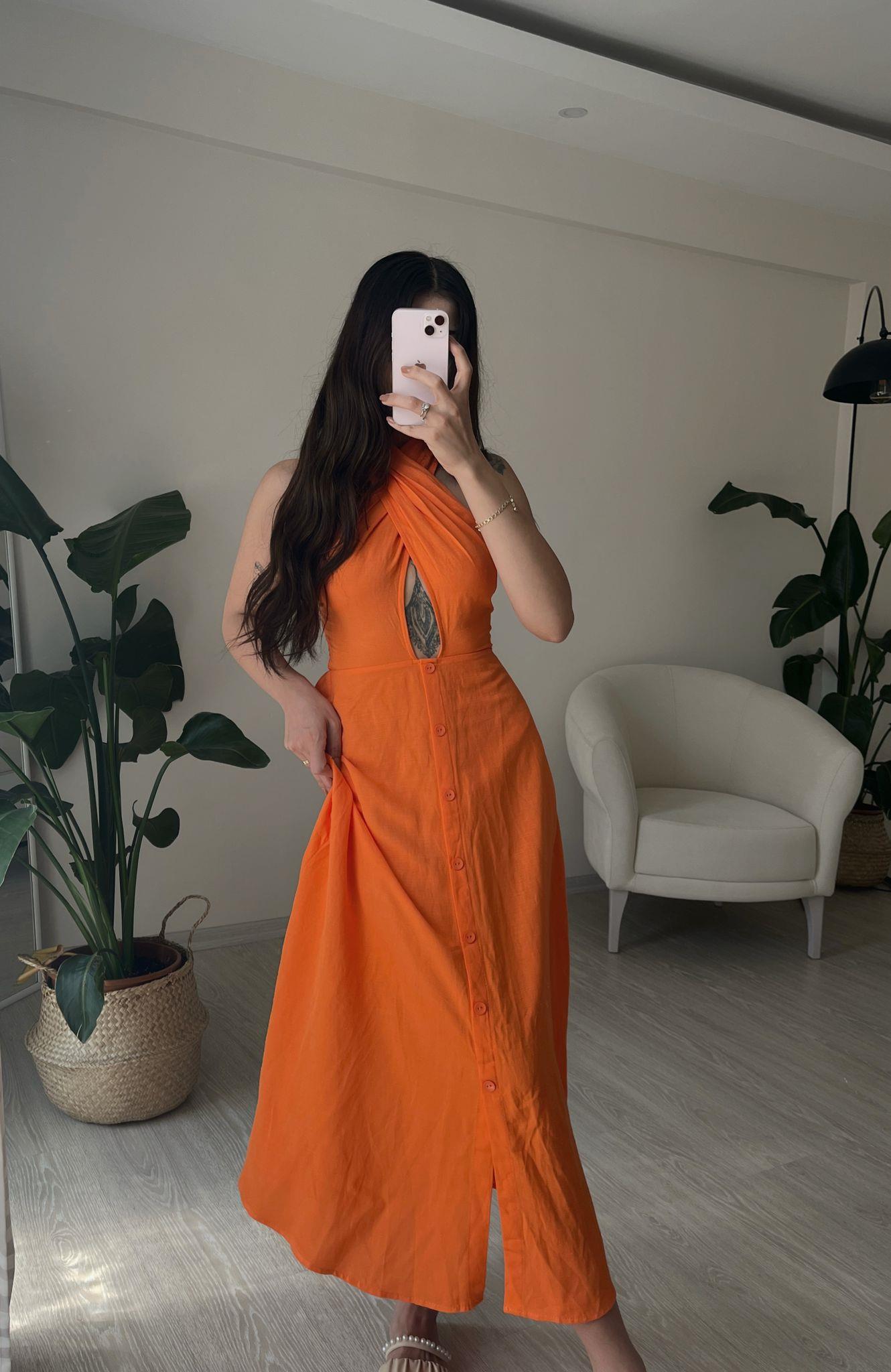 Bali Boyundan Bağlamalı Düğmeli Midi Keten Elbise Orange