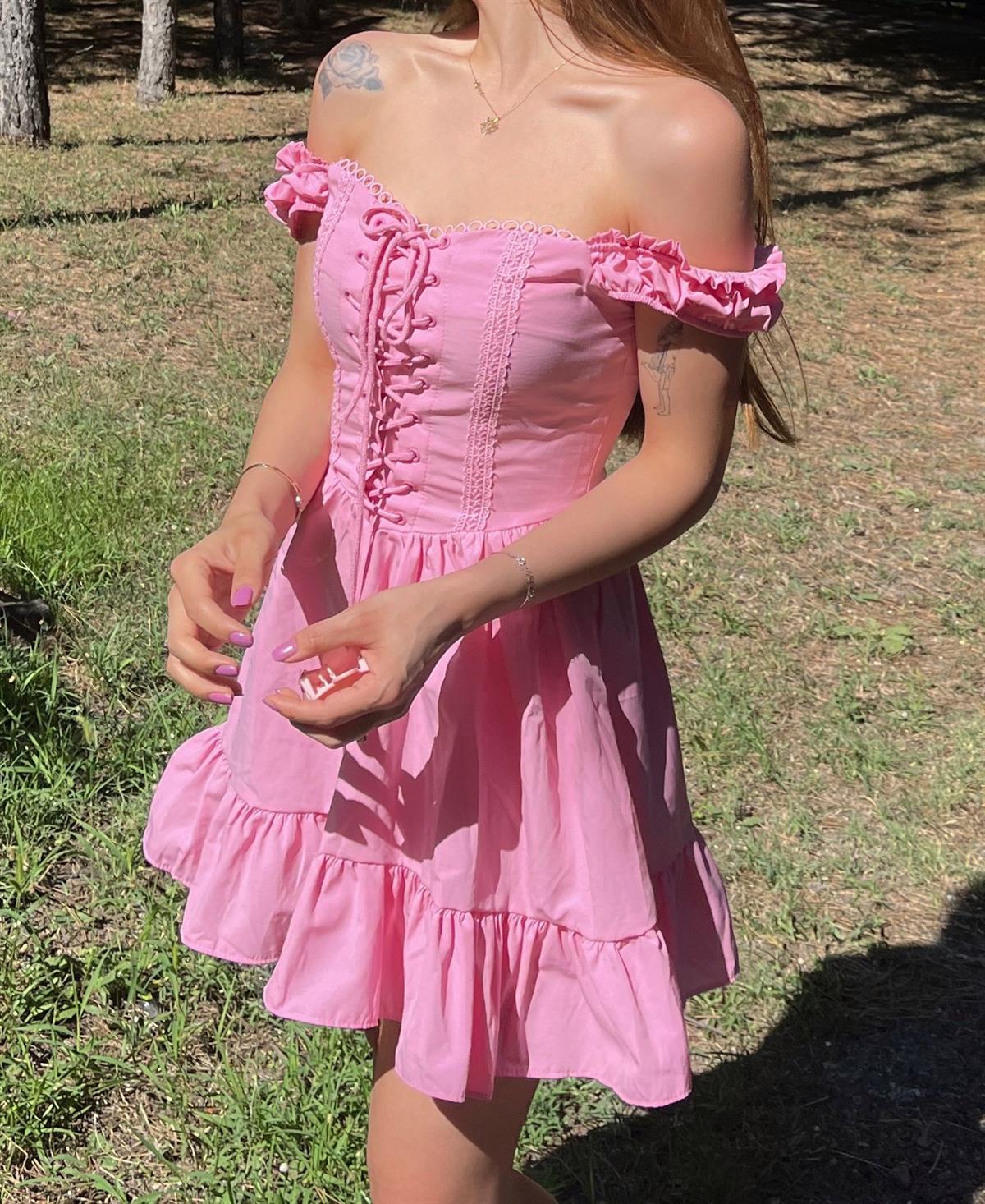 Barbie İp Detaylı Mini Pembe Elbise