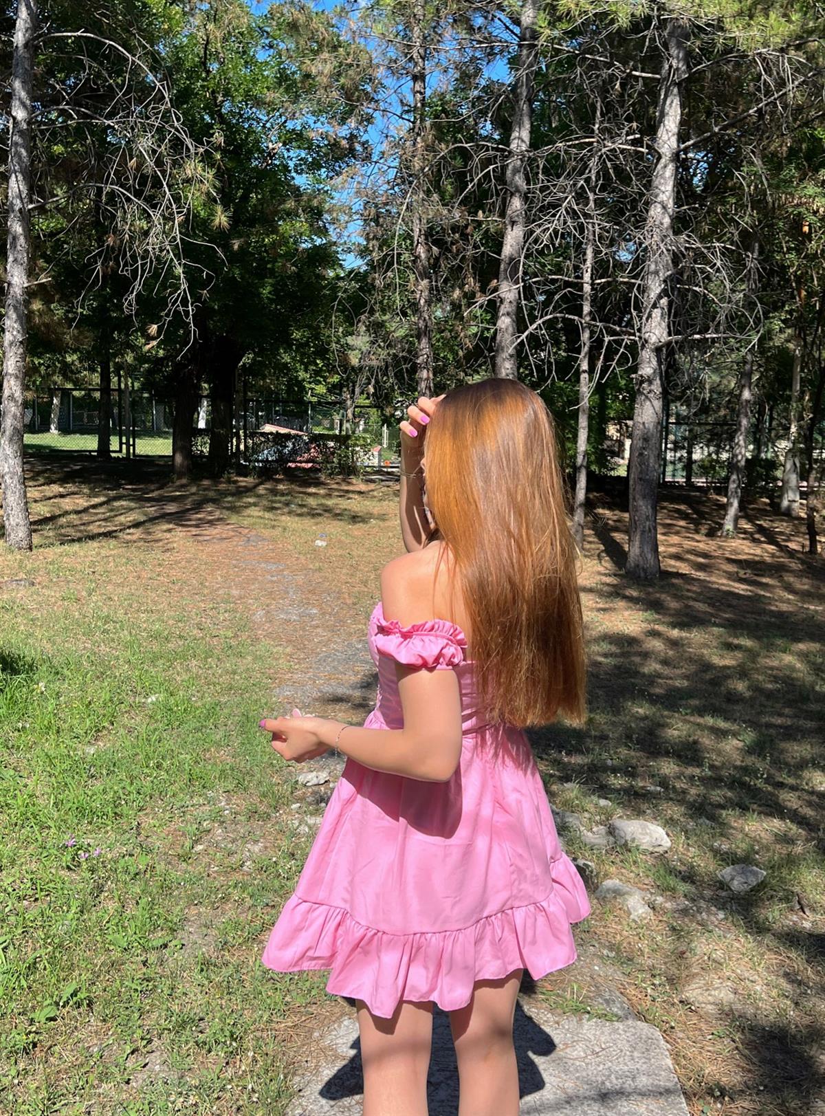 Barbie İp Detaylı Mini Pembe Elbise