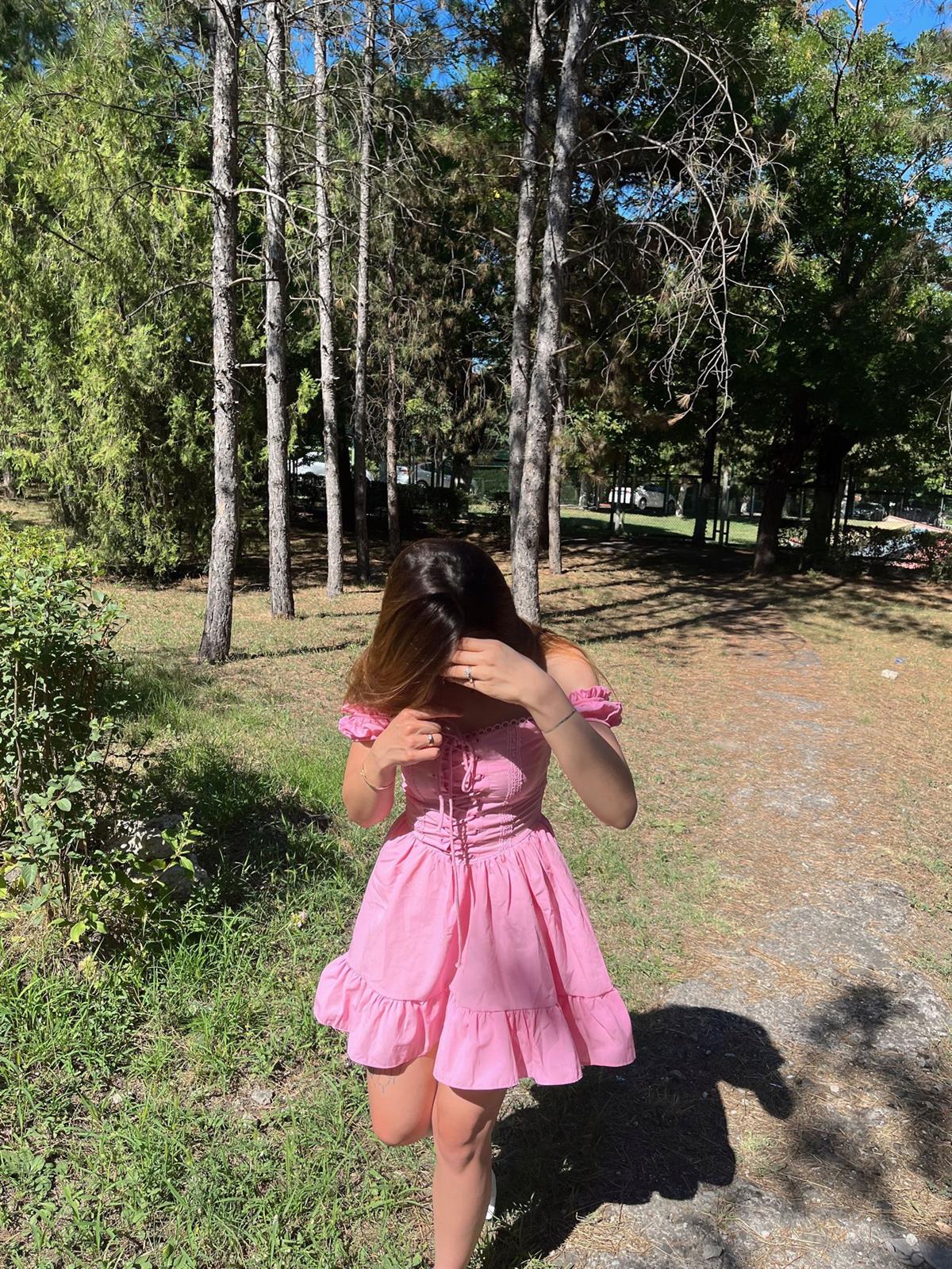 Barbie İp Detaylı Mini Pembe Elbise