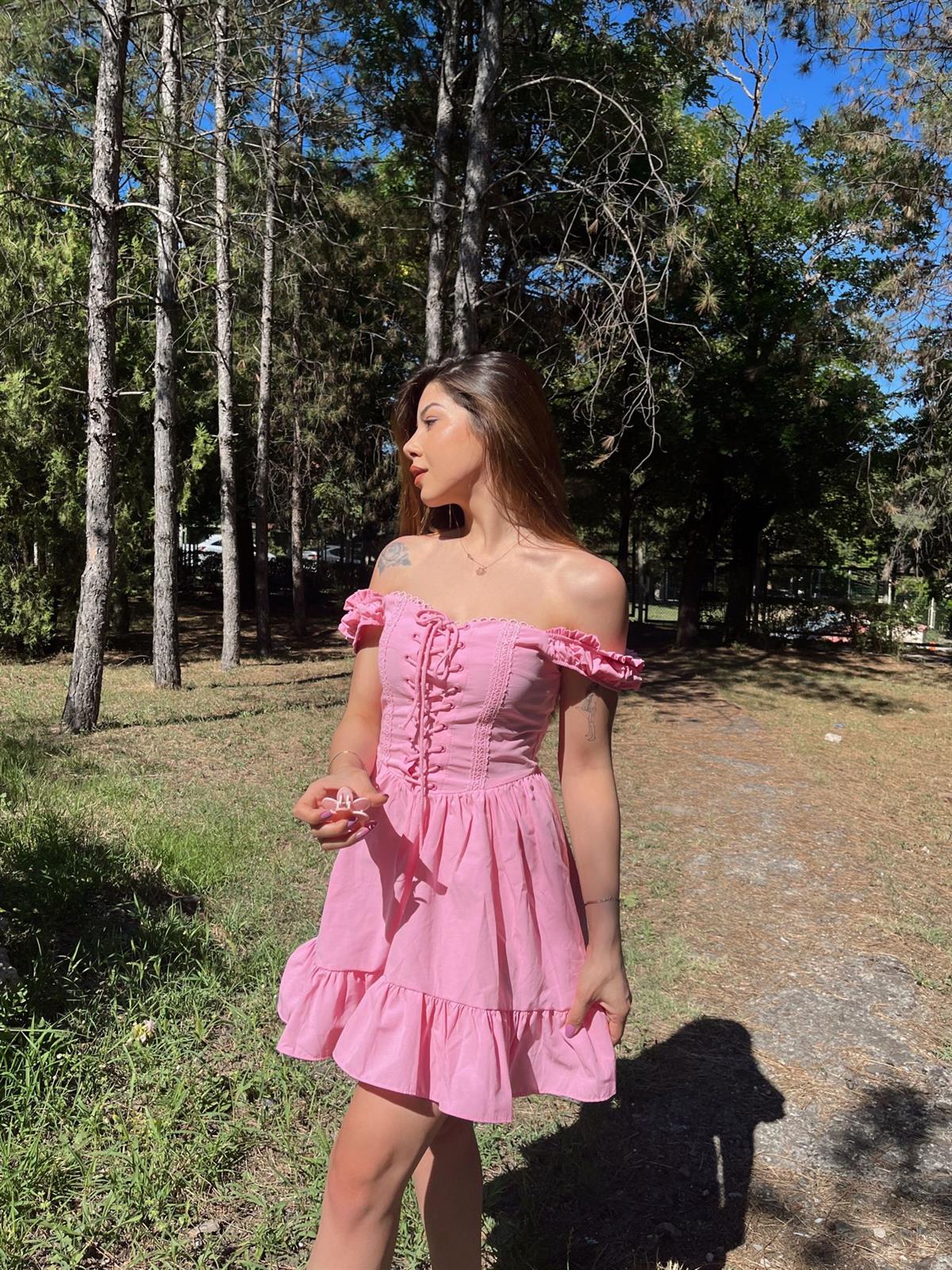 Barbie İp Detaylı Mini Pembe Elbise