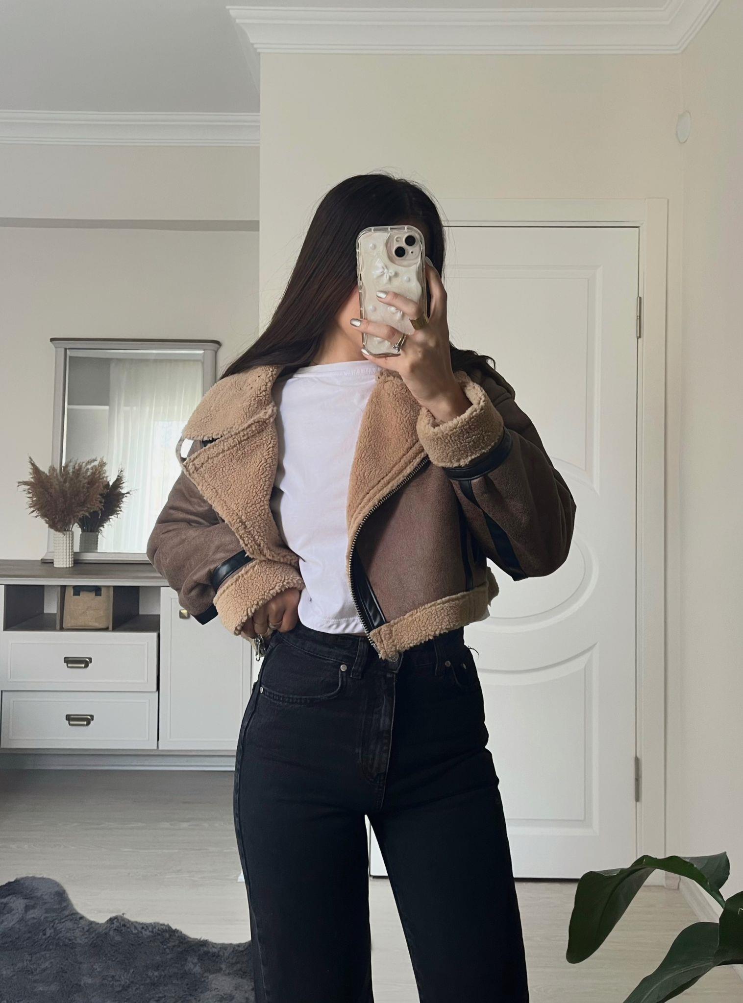Bianca Kürklü Kahverengi Crop Ceket