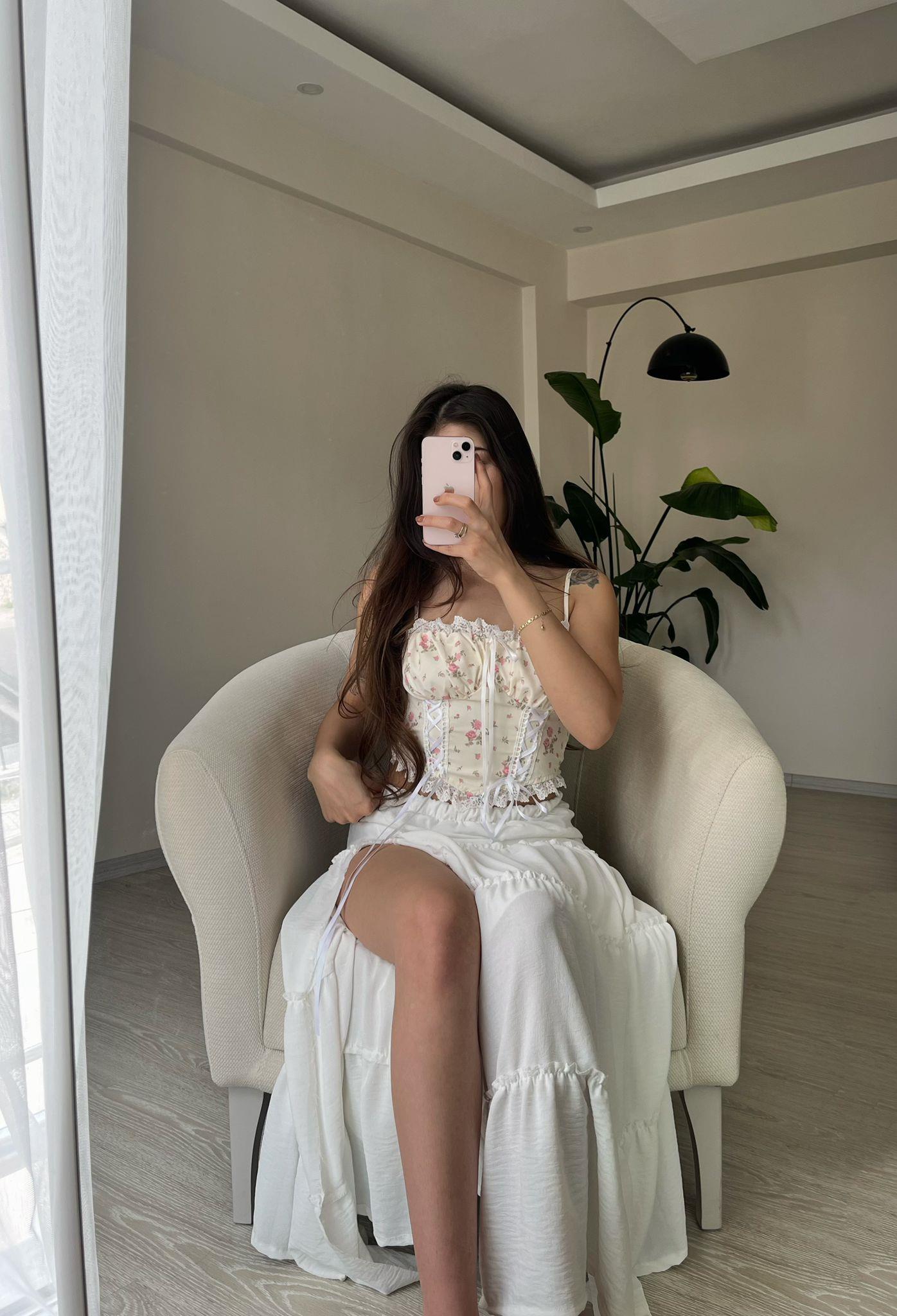 Blossom Çiçek Desen Dantelli Askılı Bluz Pembe Çiçekli
