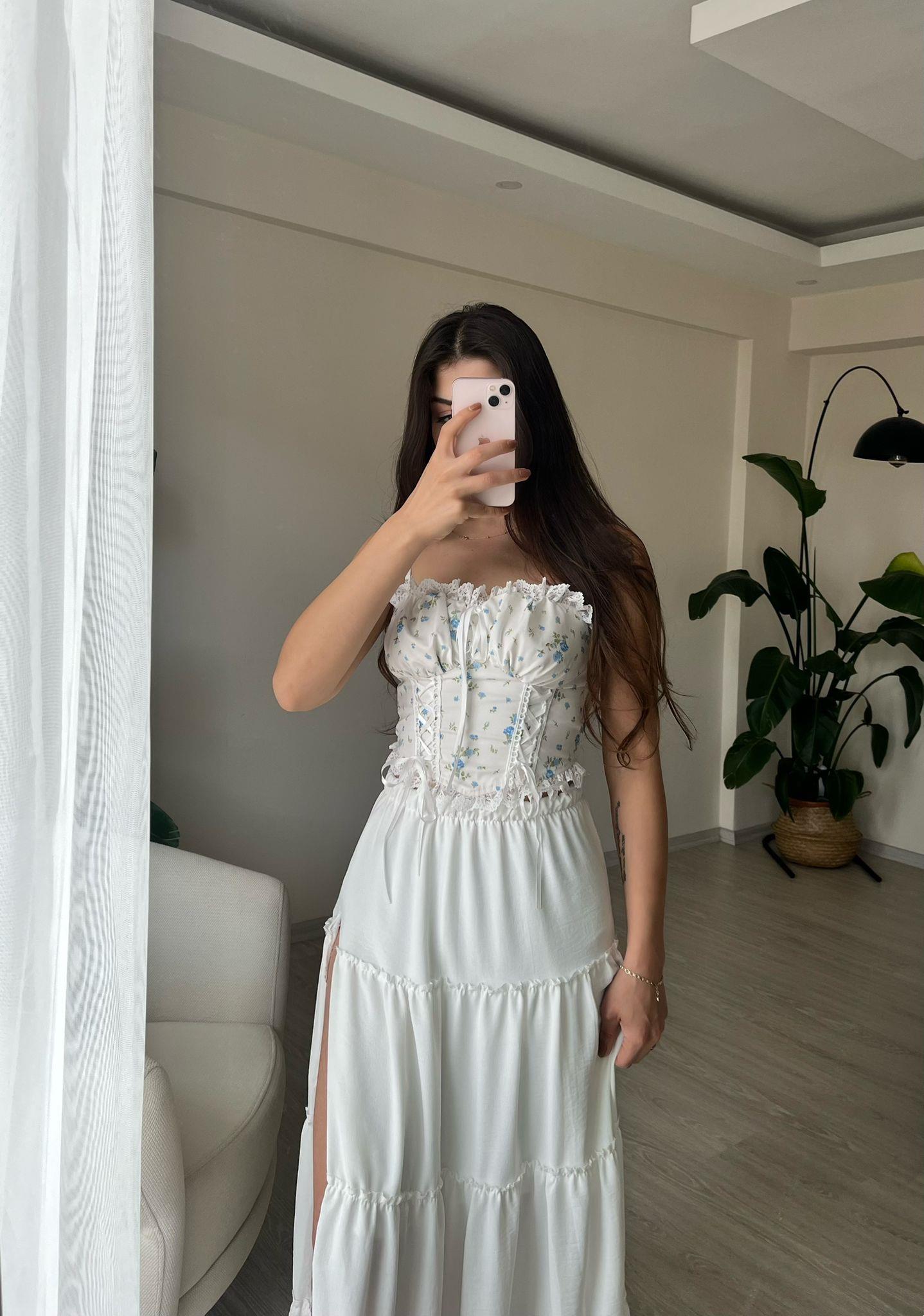 Blossom Çiçek Desen Dantelli Askılı Bluz Mavi Çiçekli