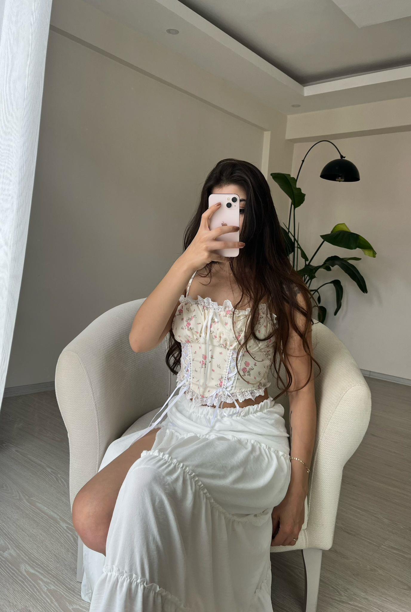 Blossom Çiçek Desen Dantelli Askılı Bluz Pembe Çiçekli