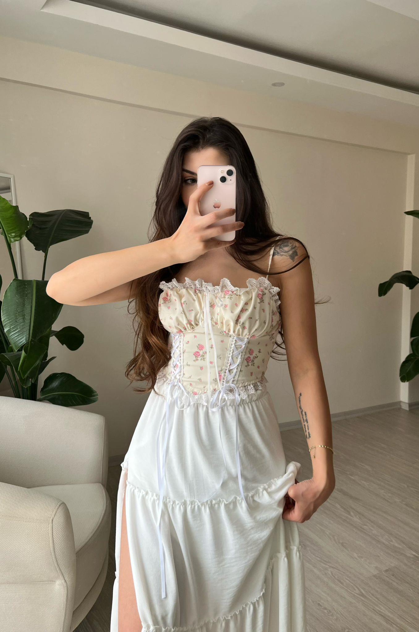Blossom Çiçek Desen Dantelli Askılı Bluz Pembe Çiçekli