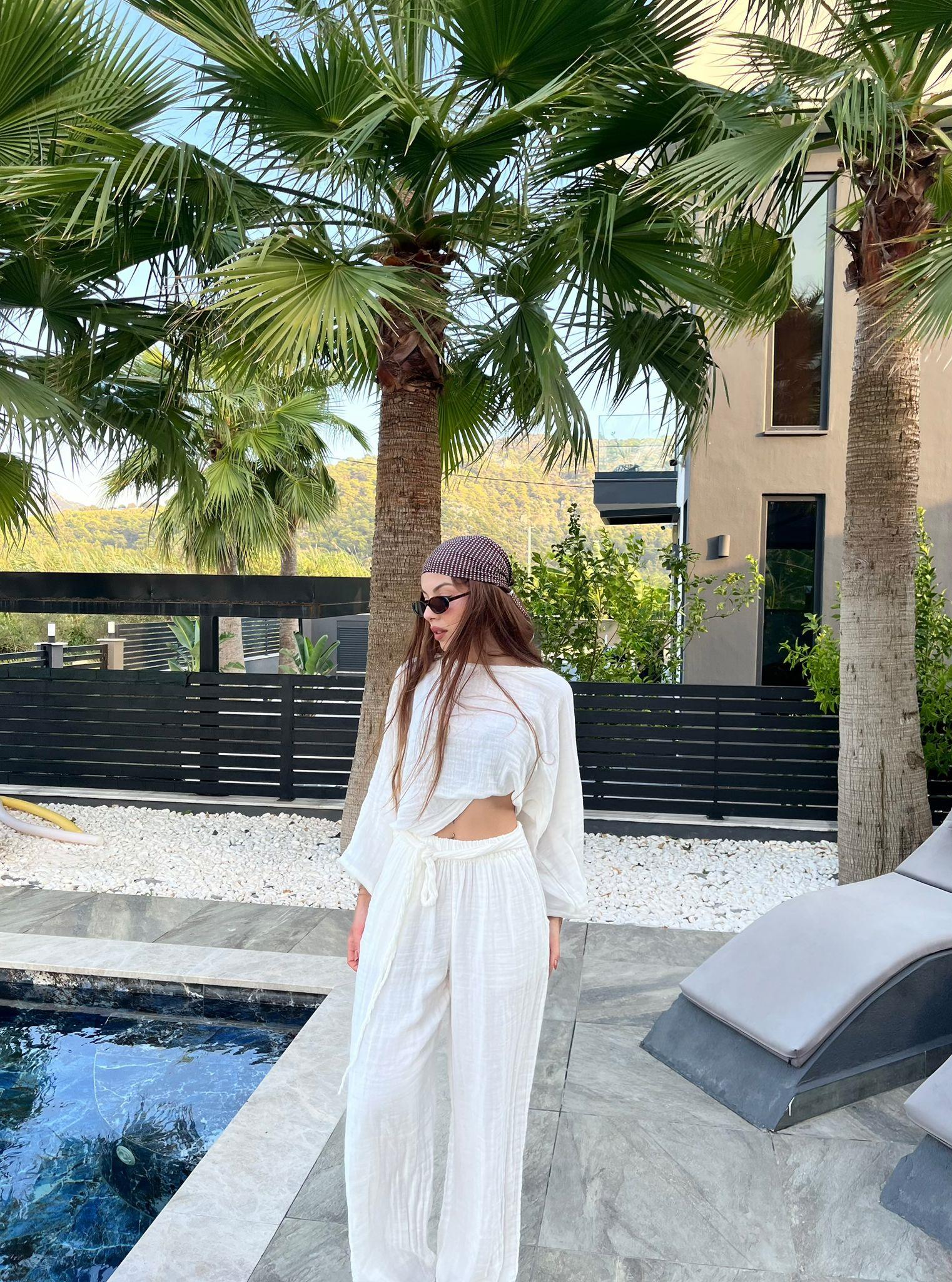 Boheme Premium Müslin Bluz Pantolon İkili Takım Beyaz