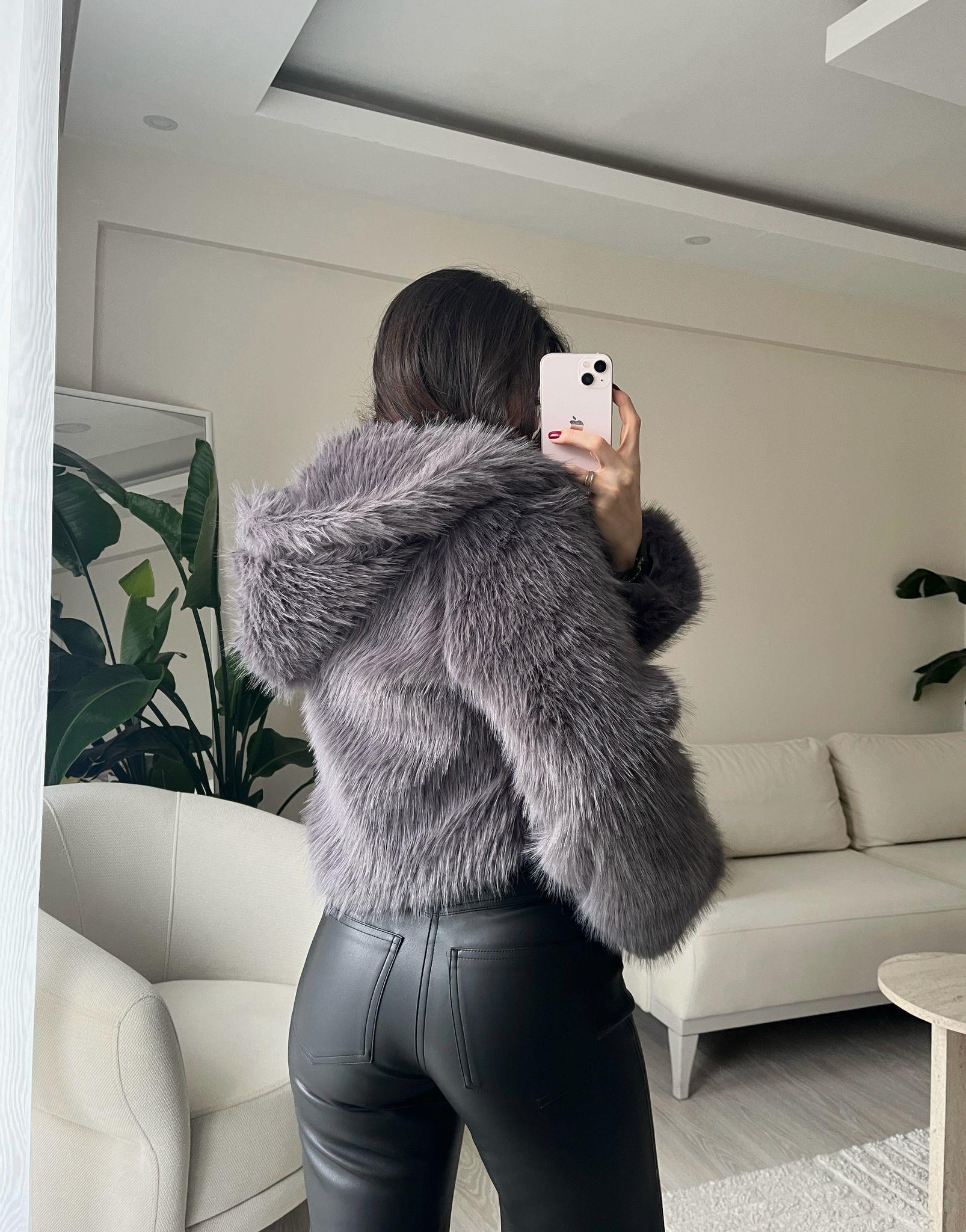 Bonnie Kapüşonlu Antrasit Crop Kürk