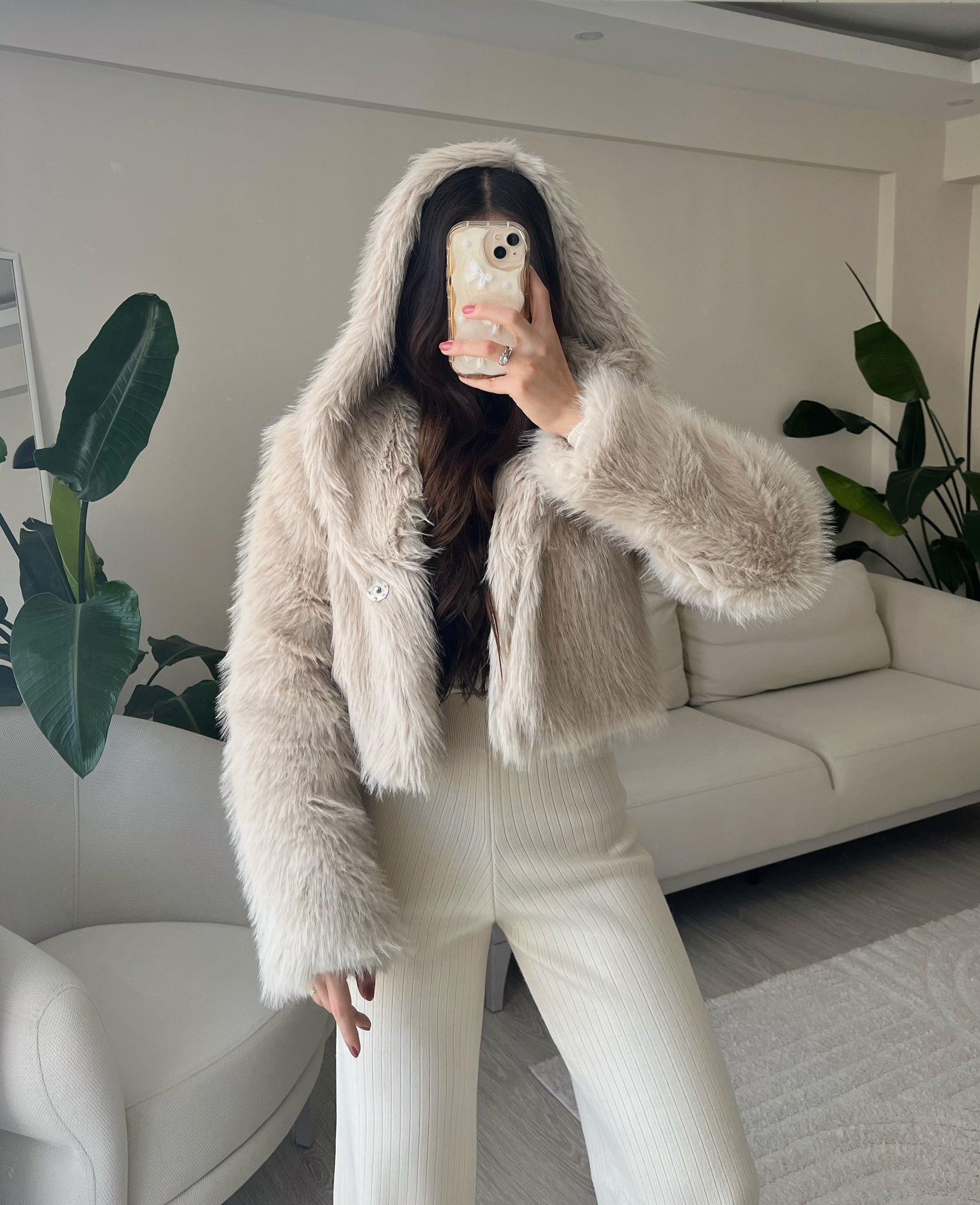 Bonnie Kapüşonlu Krem Crop Kürk