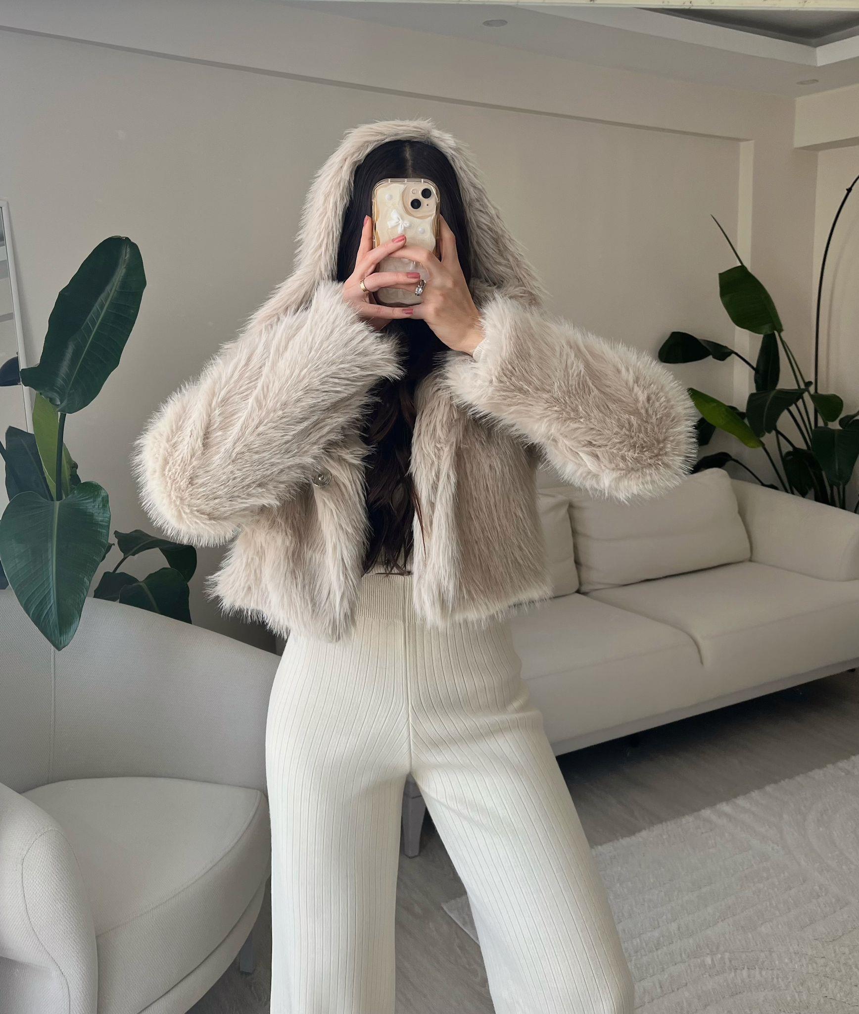 Bonnie Kapüşonlu Krem Crop Kürk