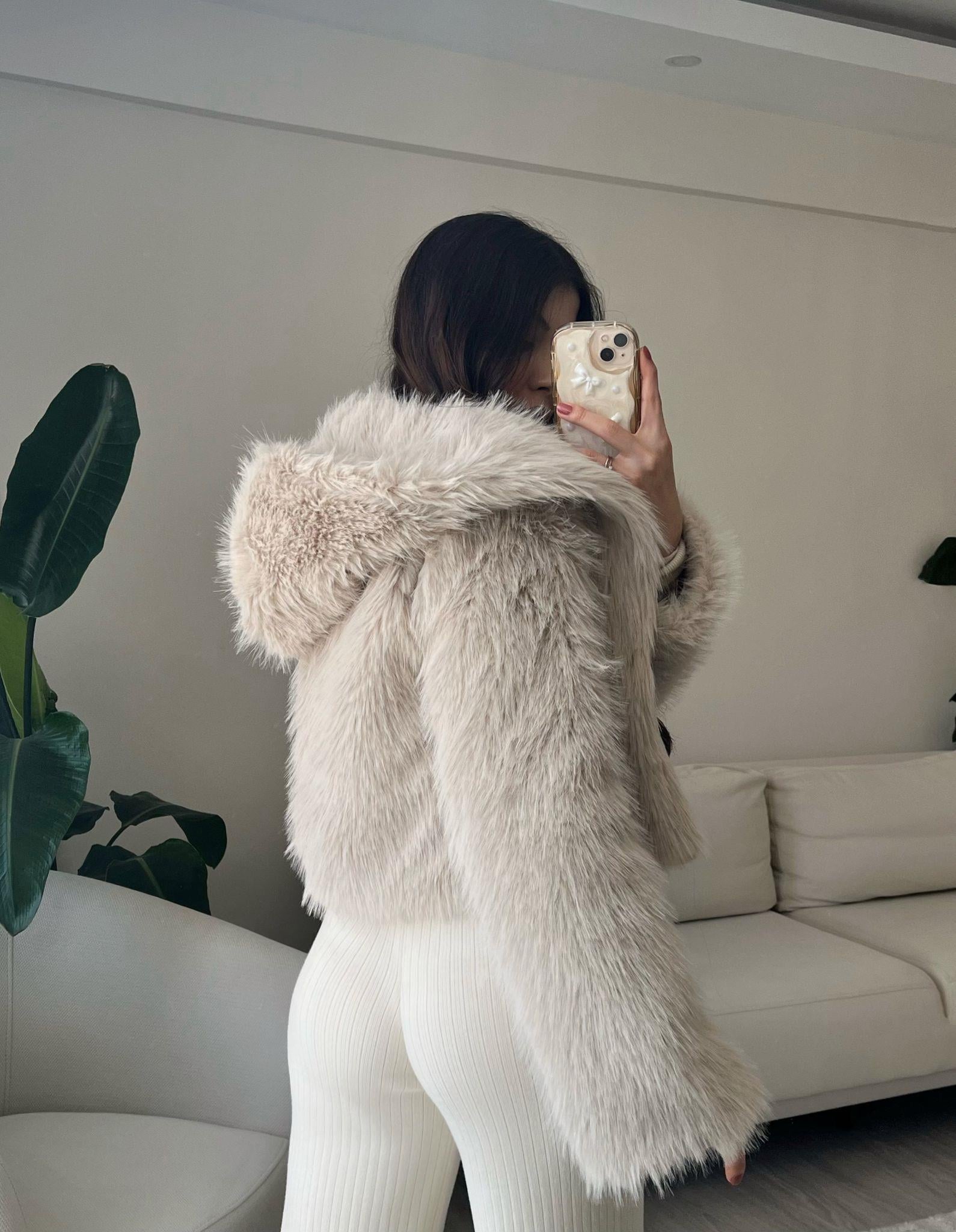 Bonnie Kapüşonlu Krem Crop Kürk