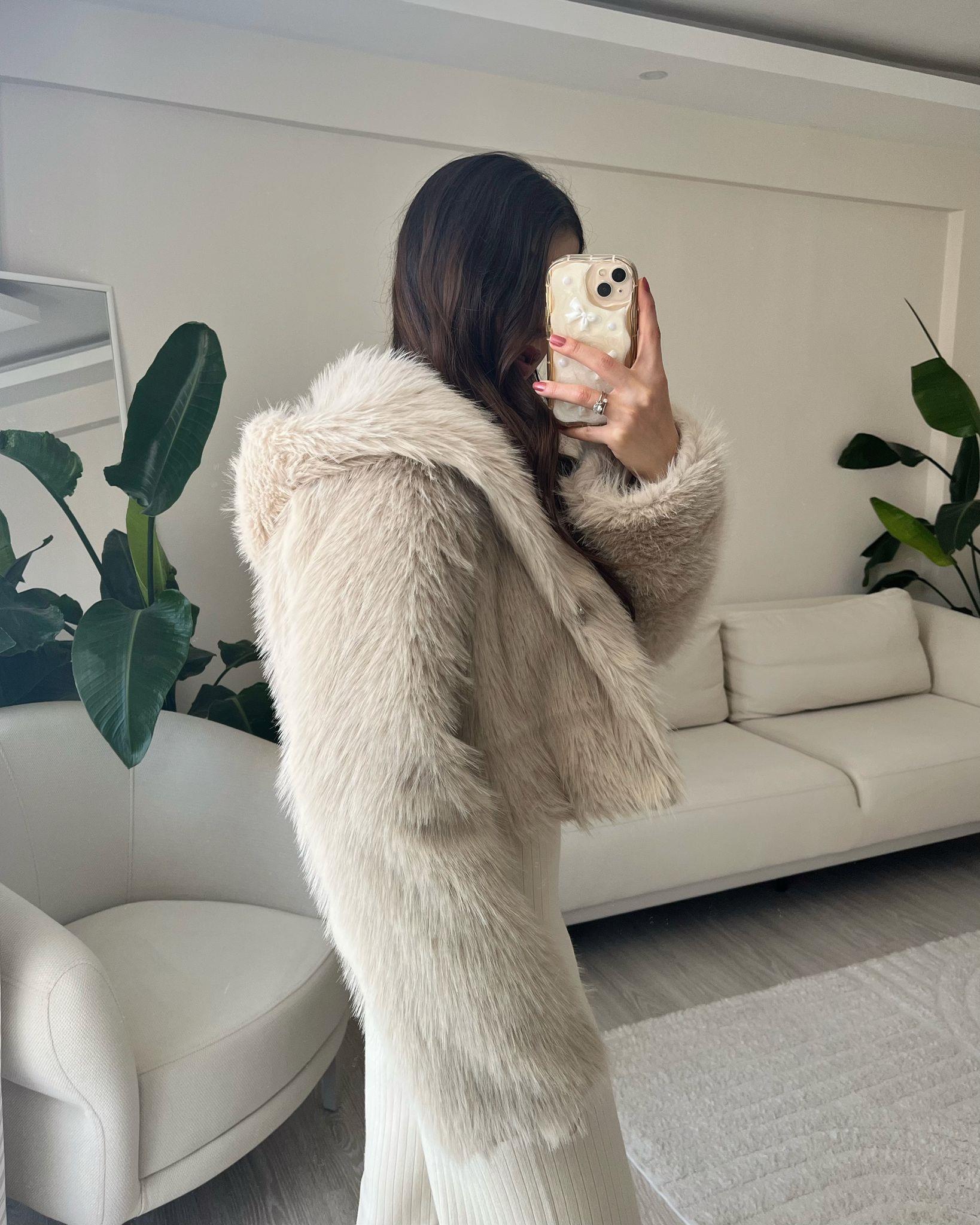 Bonnie Kapüşonlu Krem Crop Kürk
