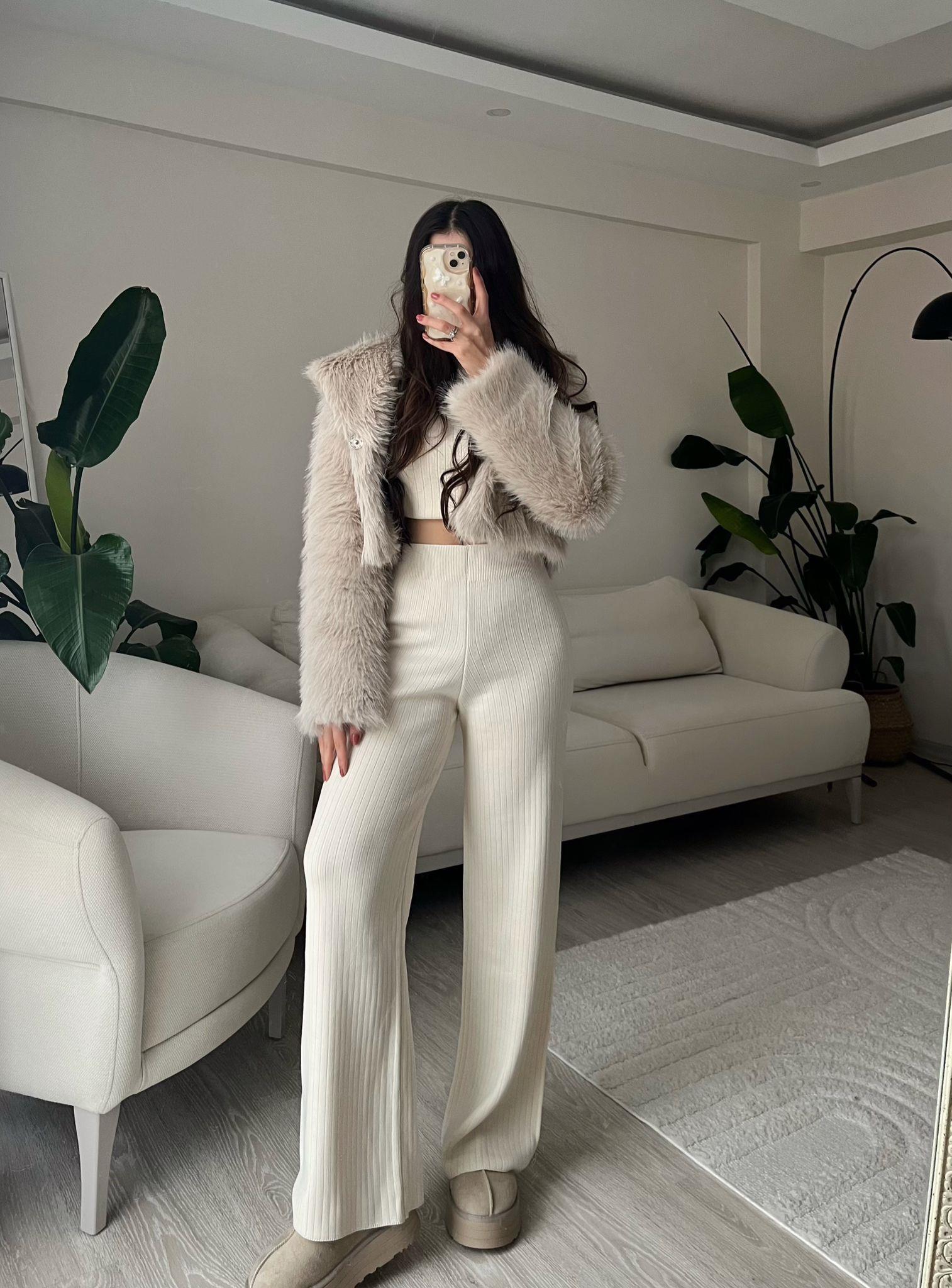 Bonnie Kapüşonlu Krem Crop Kürk