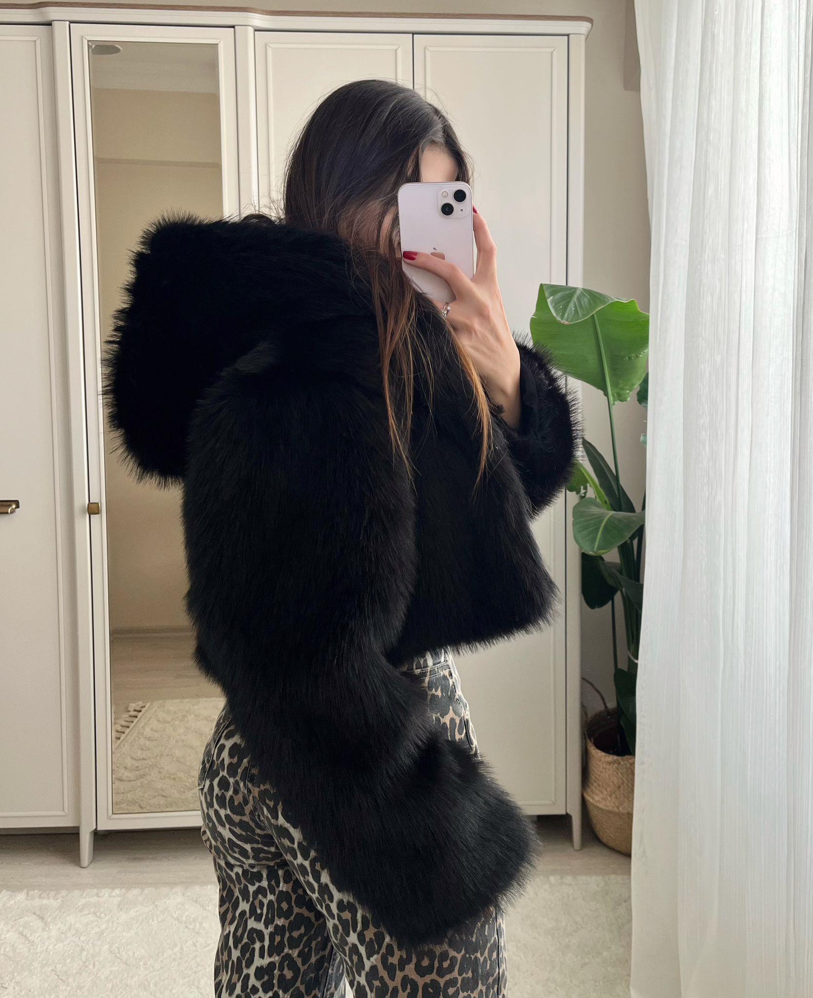 Bonnie Kapüşonlu Siyah Crop Kürk