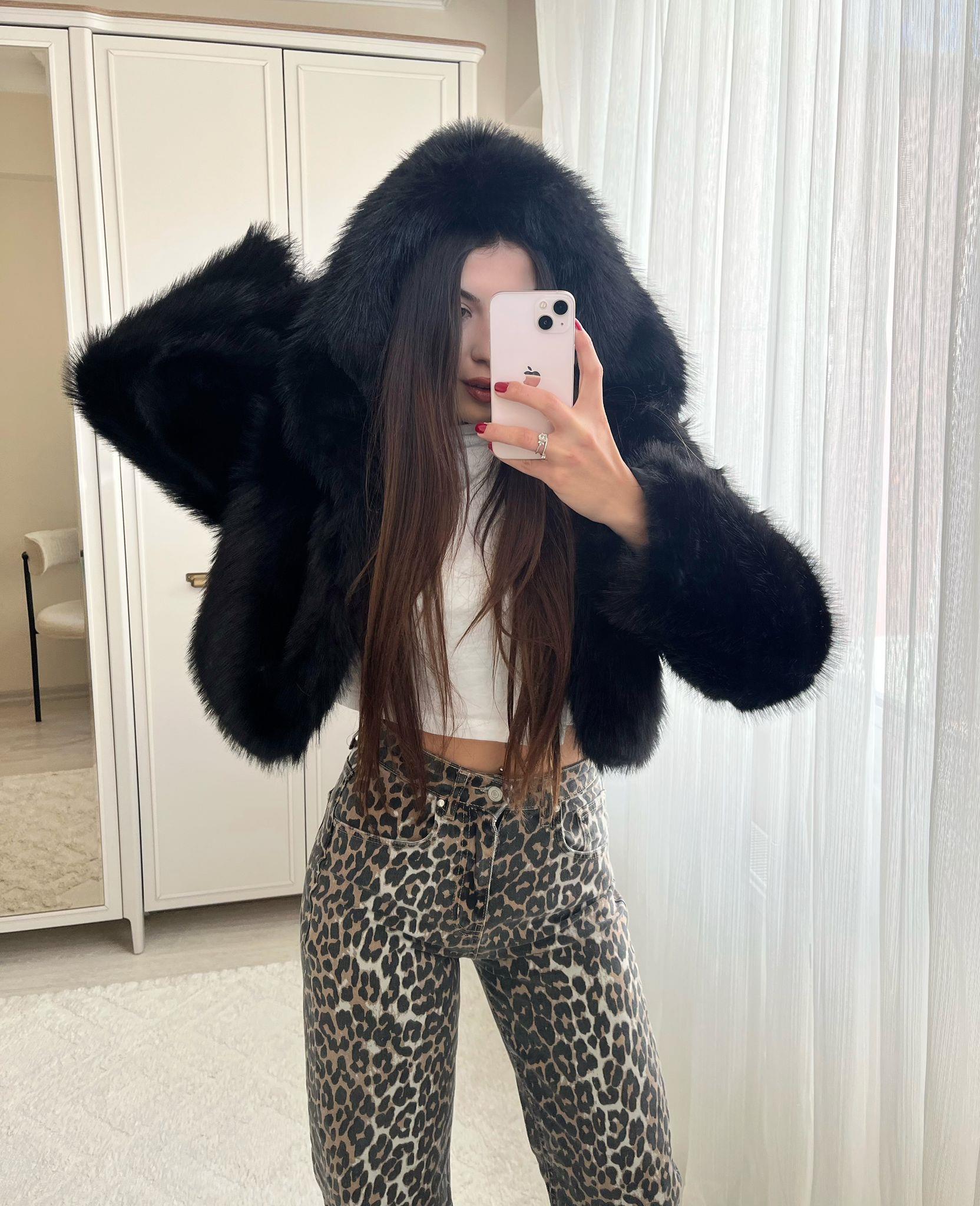 Bonnie Kapüşonlu Siyah Crop Kürk