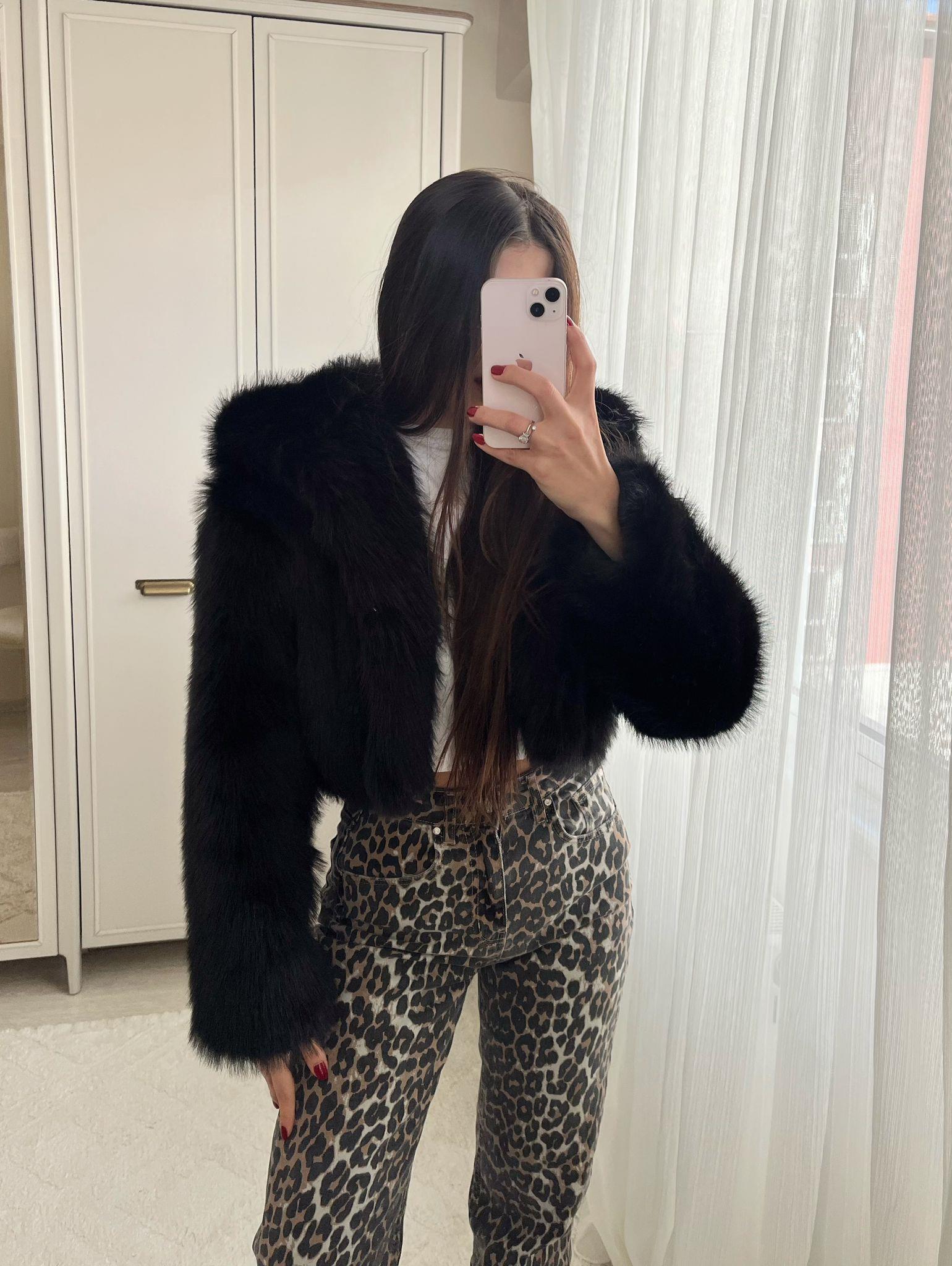 Bonnie Kapüşonlu Siyah Crop Kürk