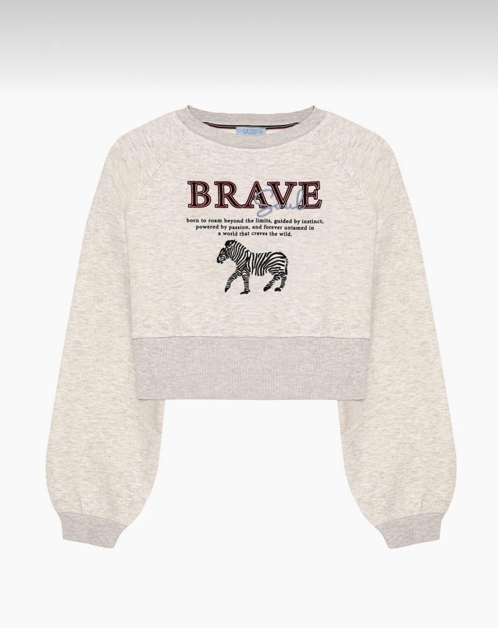 Brave Sırtı Fermuarlı Şardonlu Crop Sweatshirt