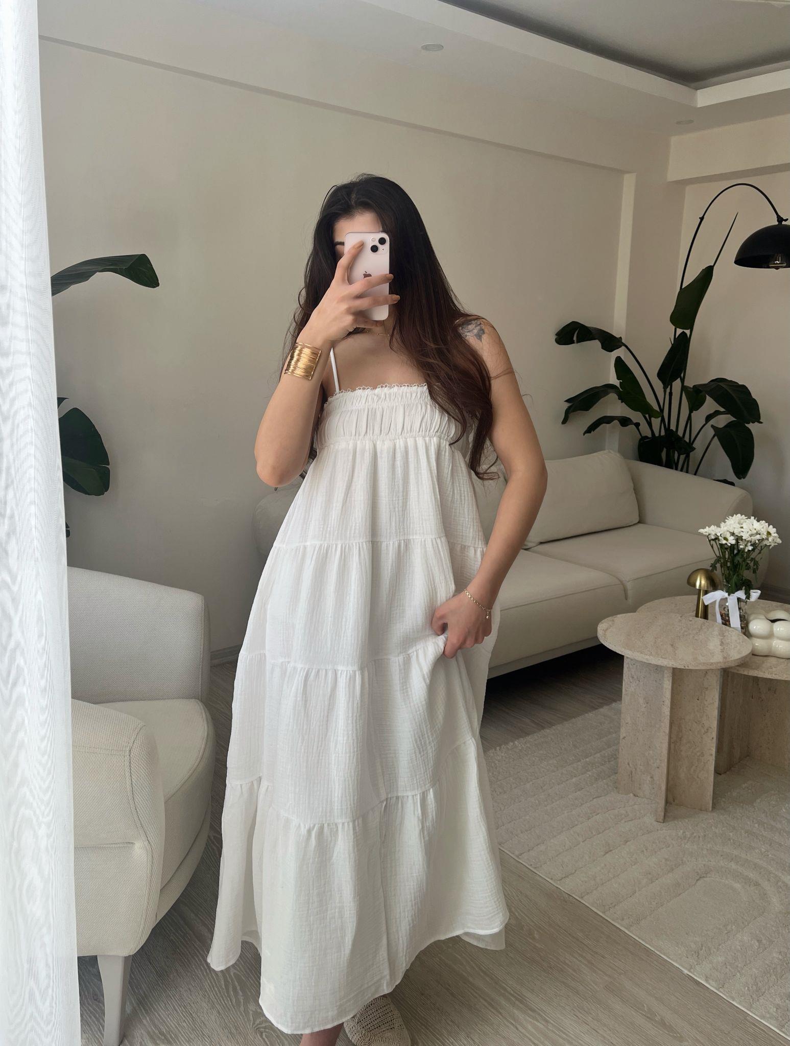 Carrie Parçalı Askılı Müslin Elbise Ekru