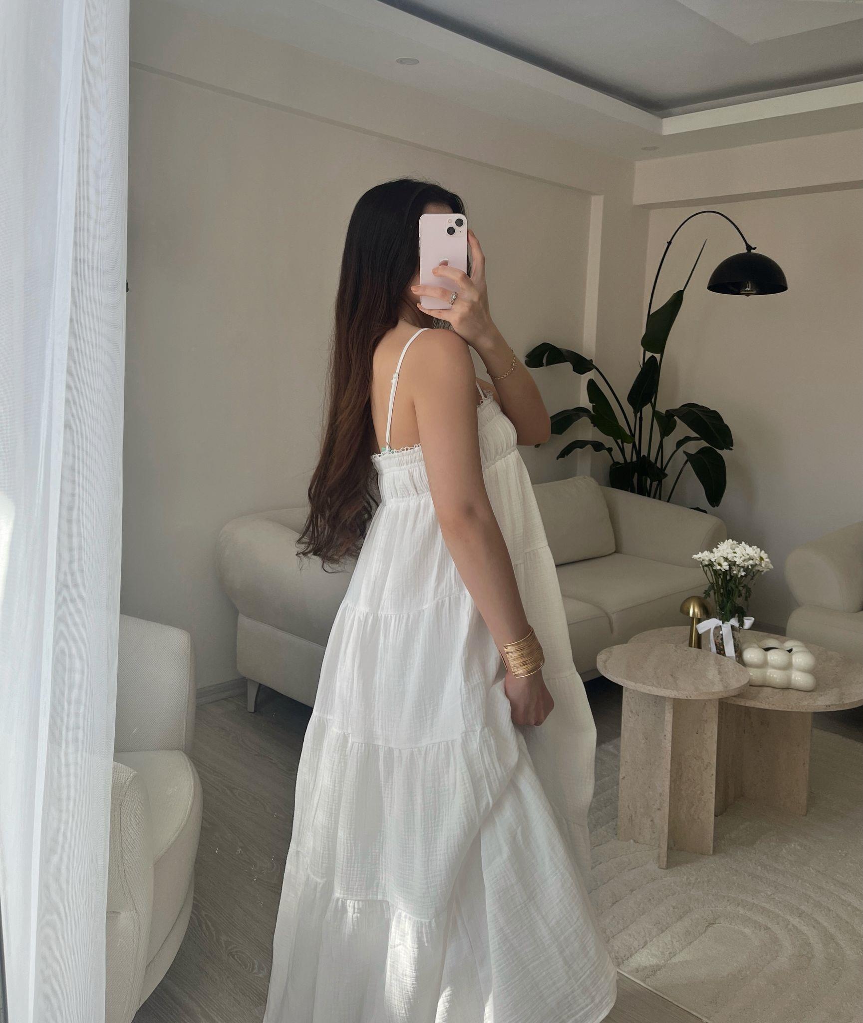 Carrie Parçalı Askılı Müslin Elbise Ekru