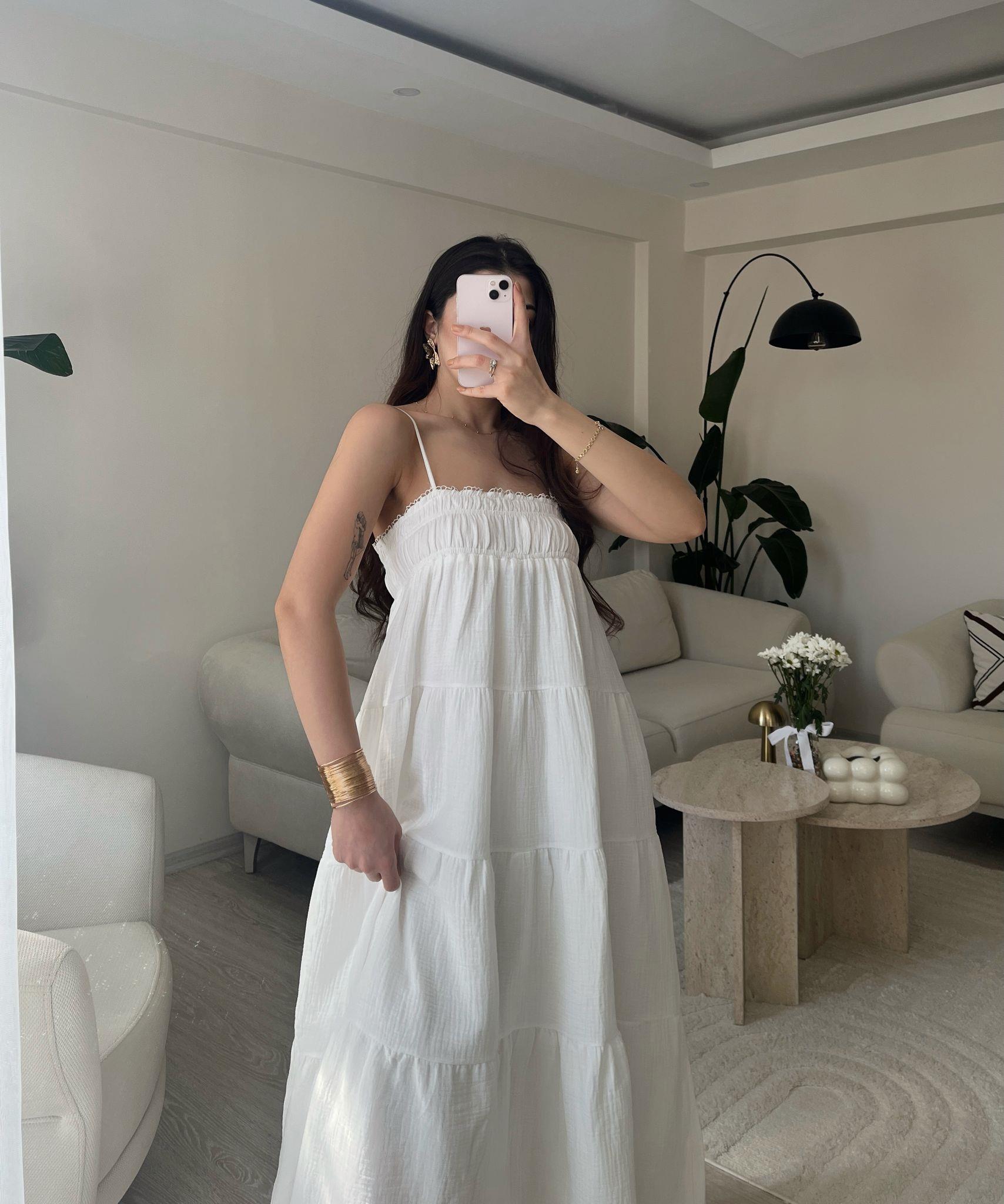 Carrie Parçalı Askılı Müslin Elbise Ekru
