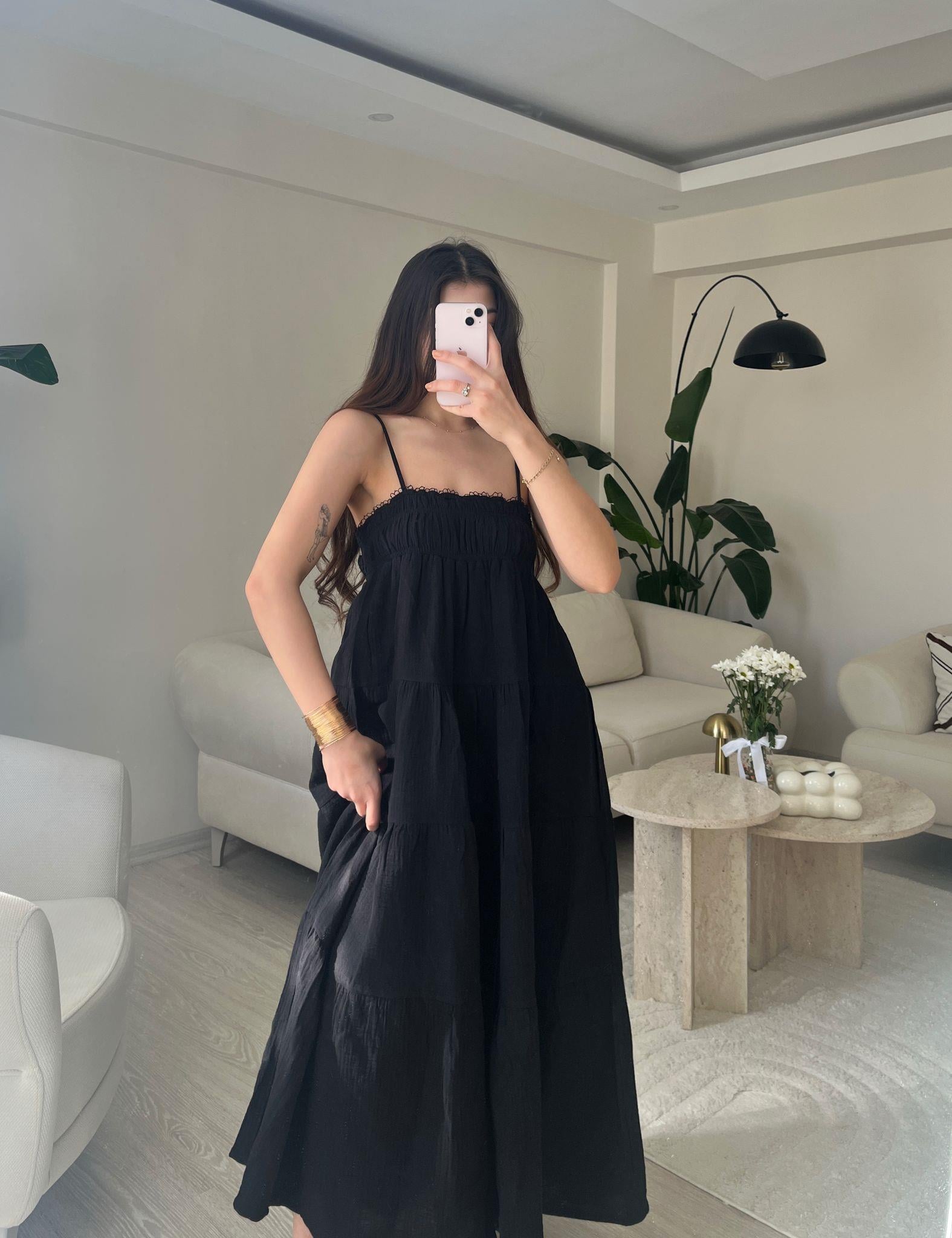Carrie Parçalı Askılı Müslin Elbise Siyah