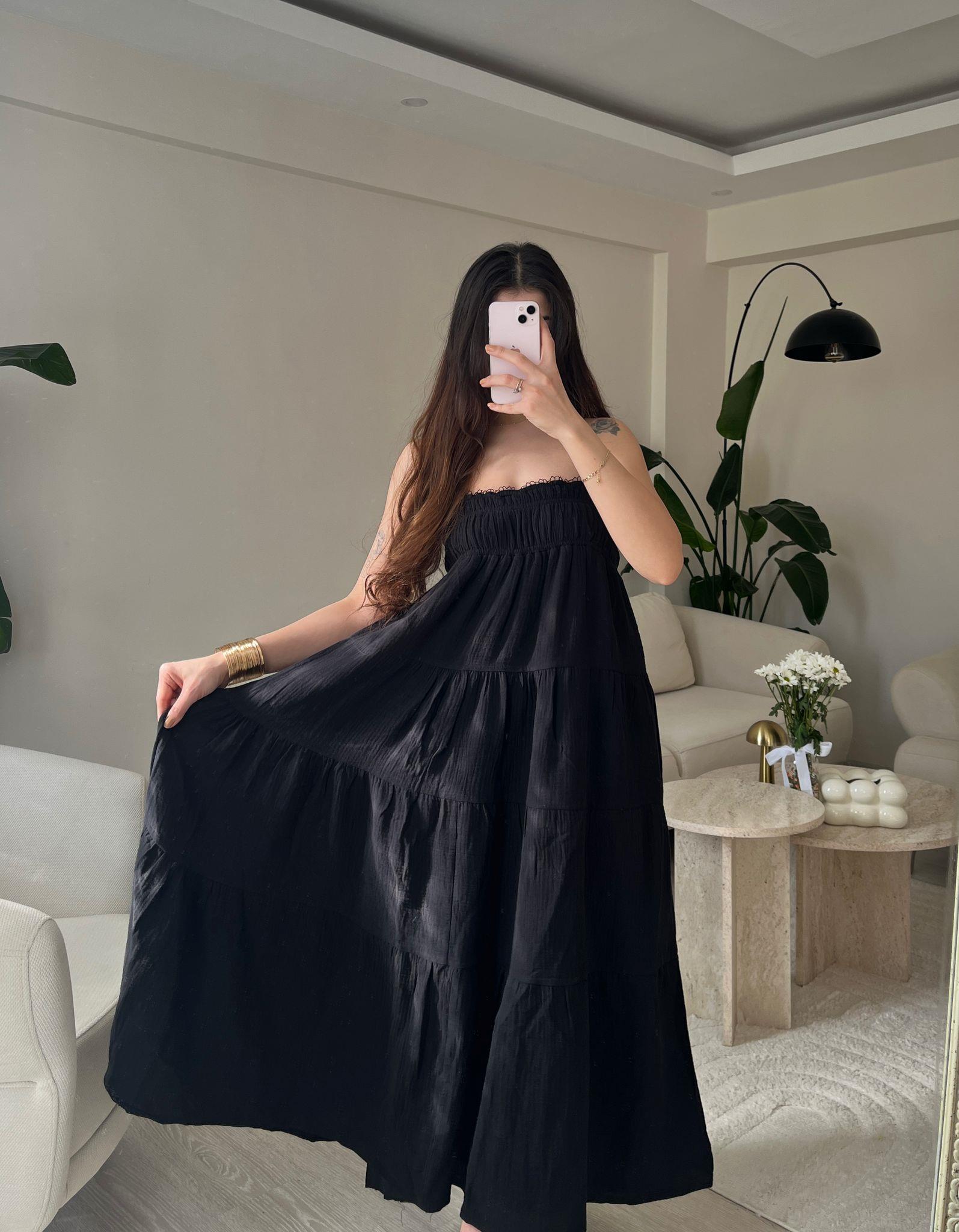 Carrie Parçalı Askılı Müslin Elbise Siyah