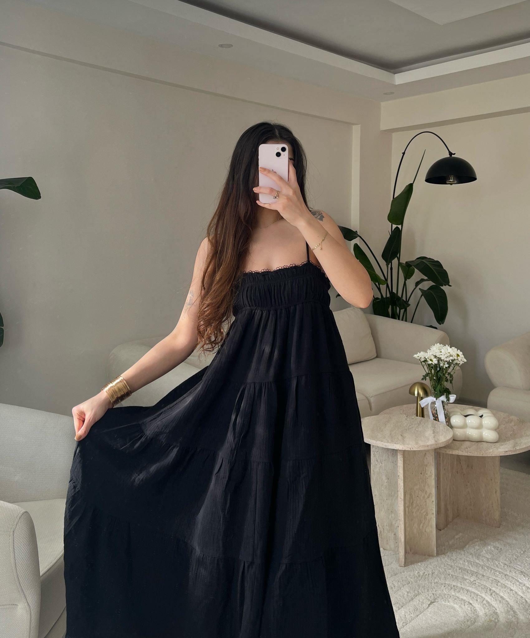 Carrie Parçalı Askılı Müslin Elbise Siyah