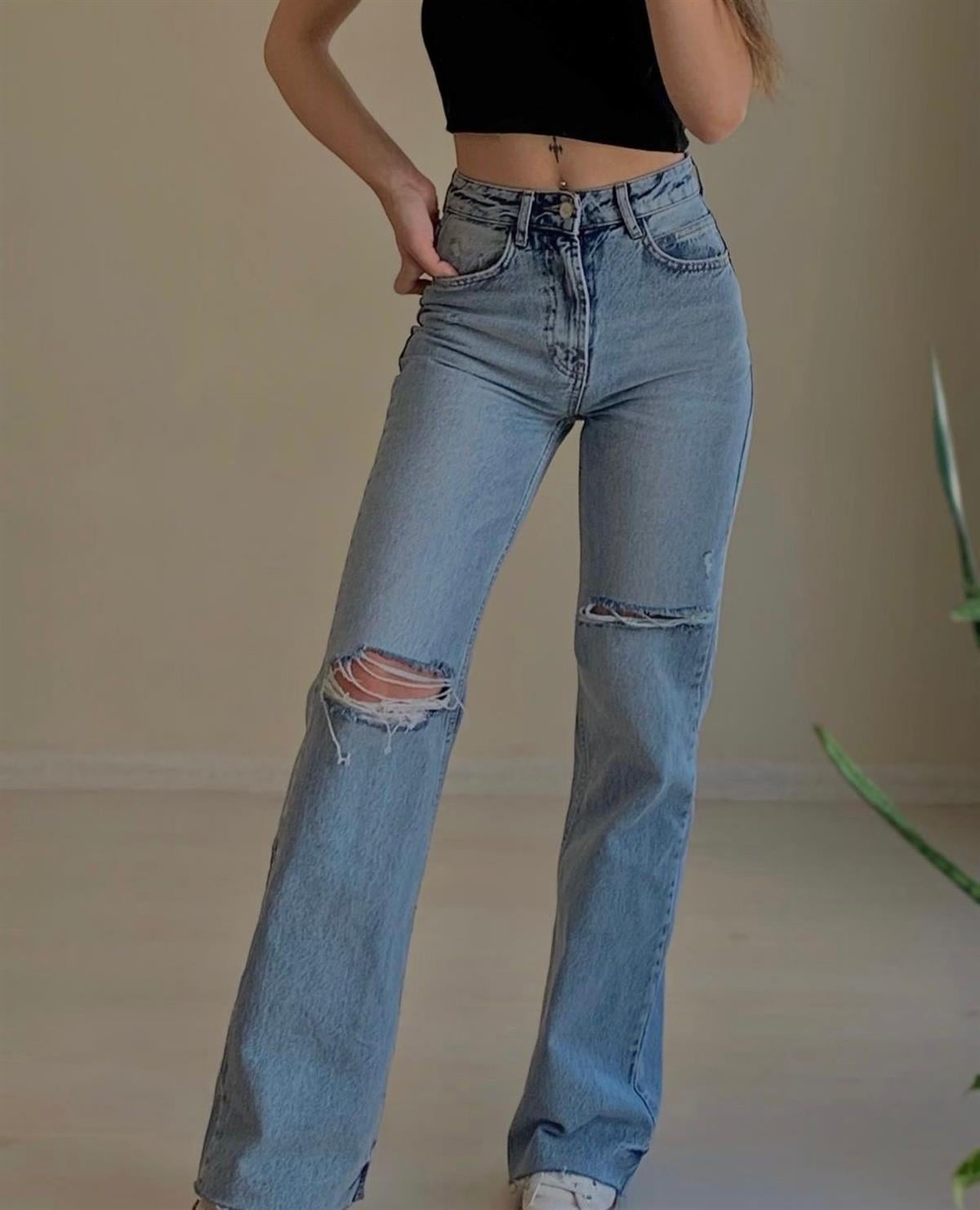 Çift Diz Yırtık Flare Jean