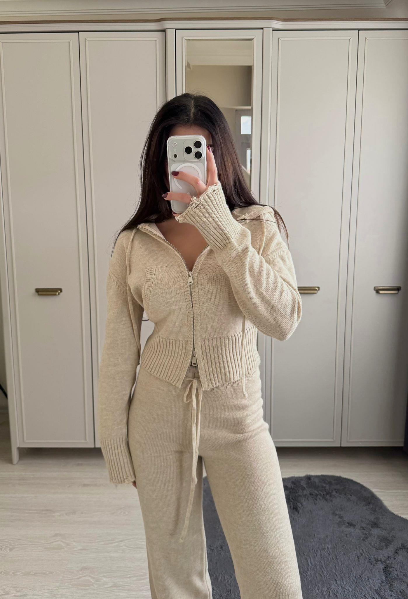 Comfy Çift Fermuarlı Hırkalı Triko Takım Krem