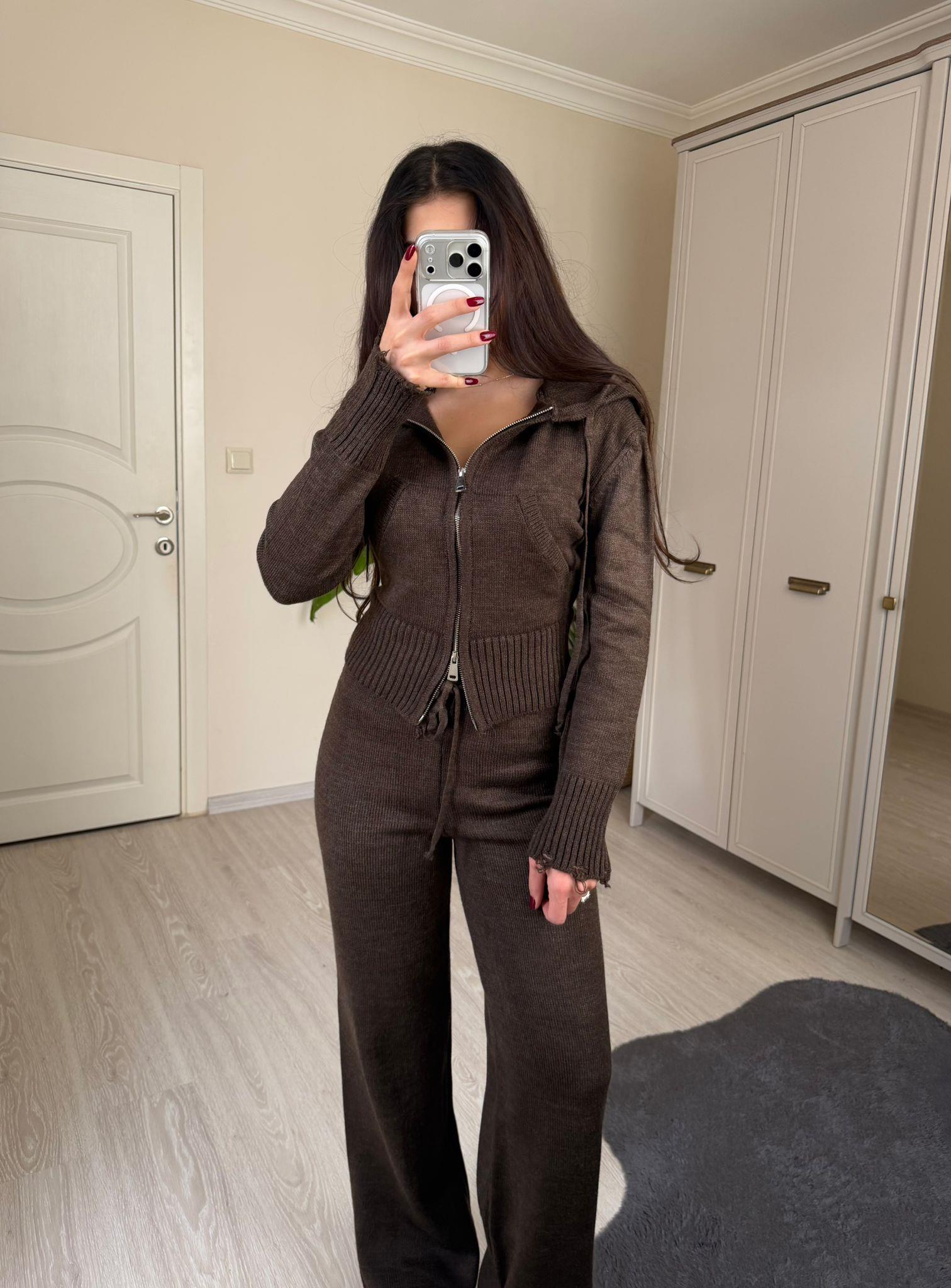 Comfy Çift Fermuarlı Hırkalı Triko Takım Kahve