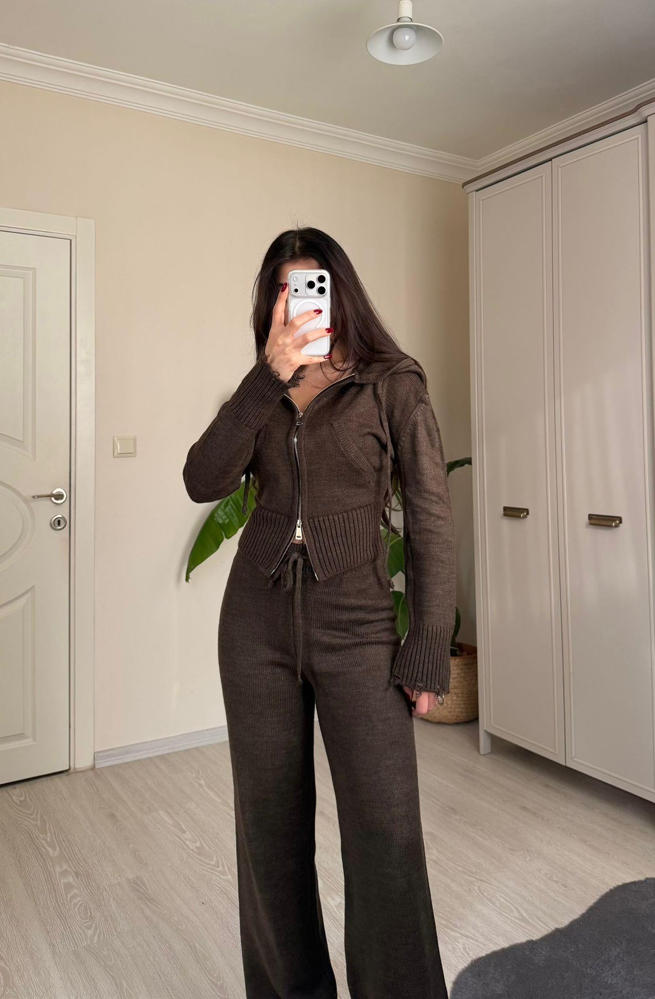 Comfy Çift Fermuarlı Hırkalı Triko Takım Kahve