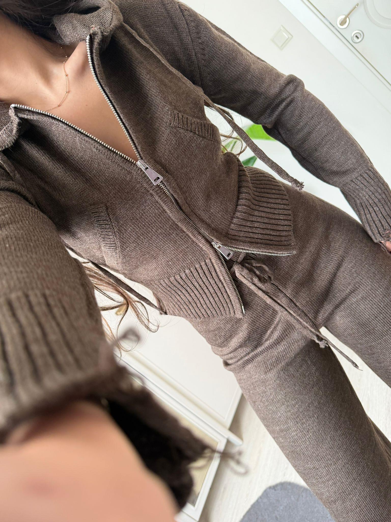 Comfy Çift Fermuarlı Hırkalı Triko Takım Kahve