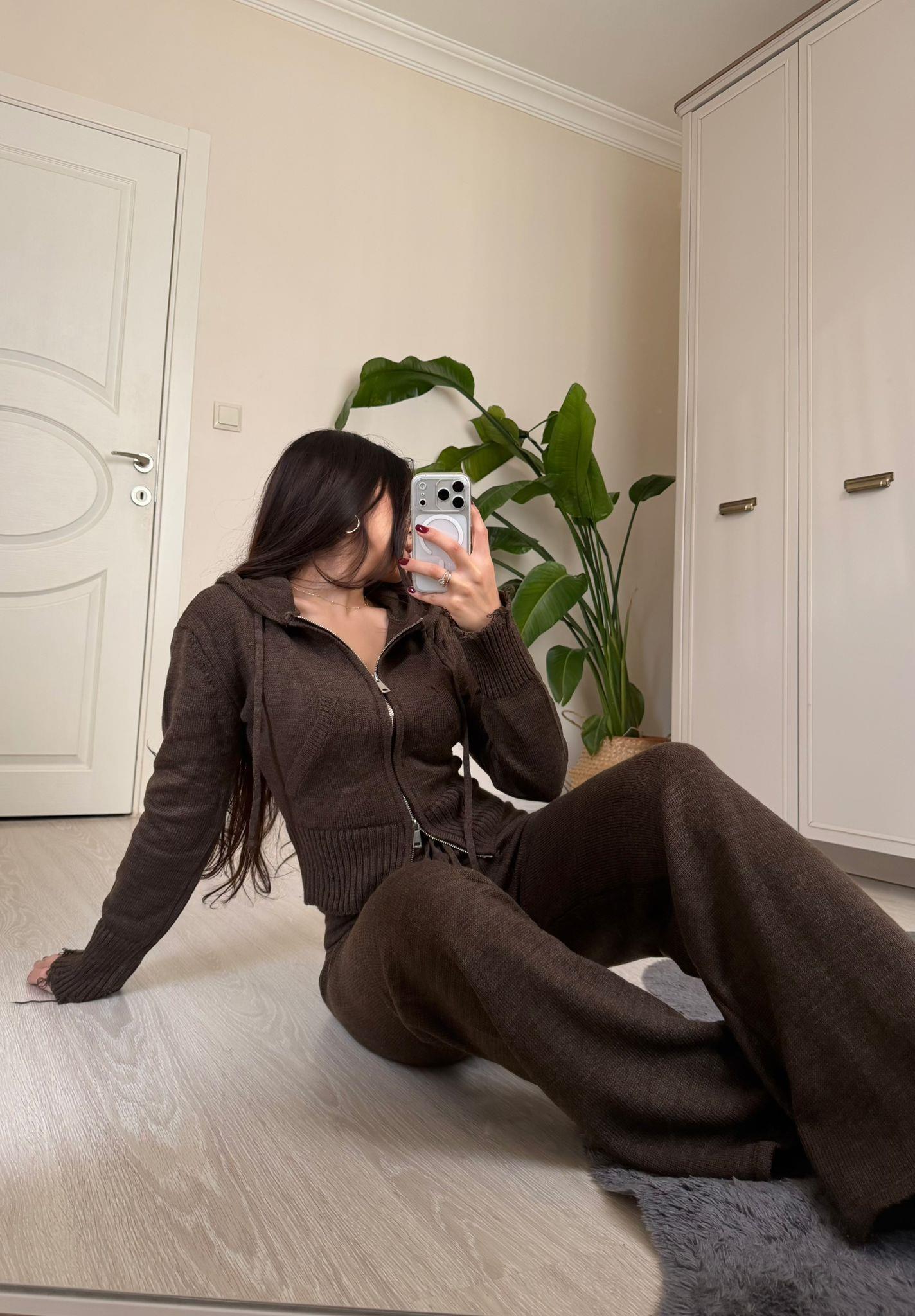 Comfy Çift Fermuarlı Hırkalı Triko Takım Kahve