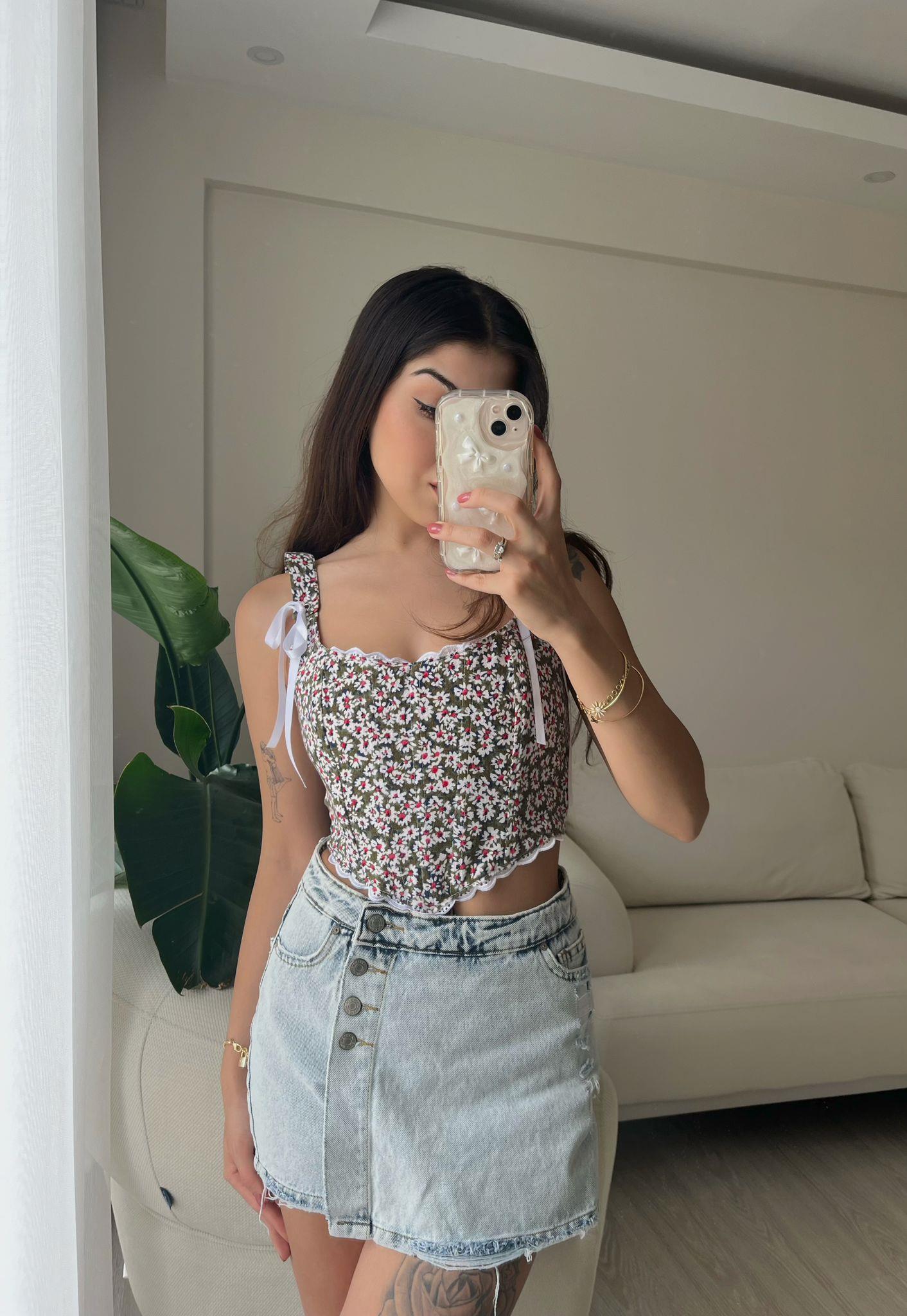 Coquette Çiçek Desen Kurdele Detaylı Balenli Haki Korse