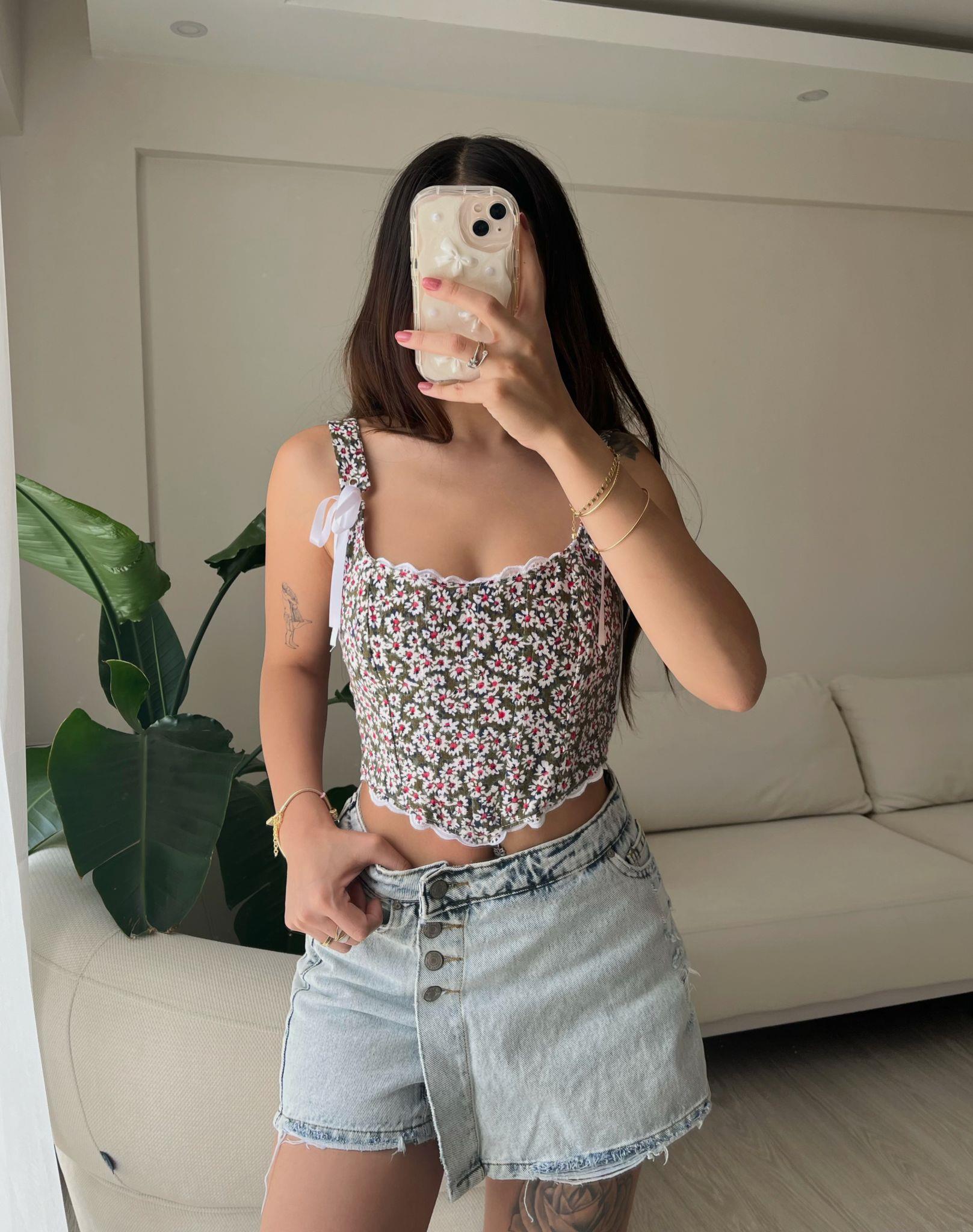 Coquette Çiçek Desen Kurdele Detaylı Balenli Haki Korse