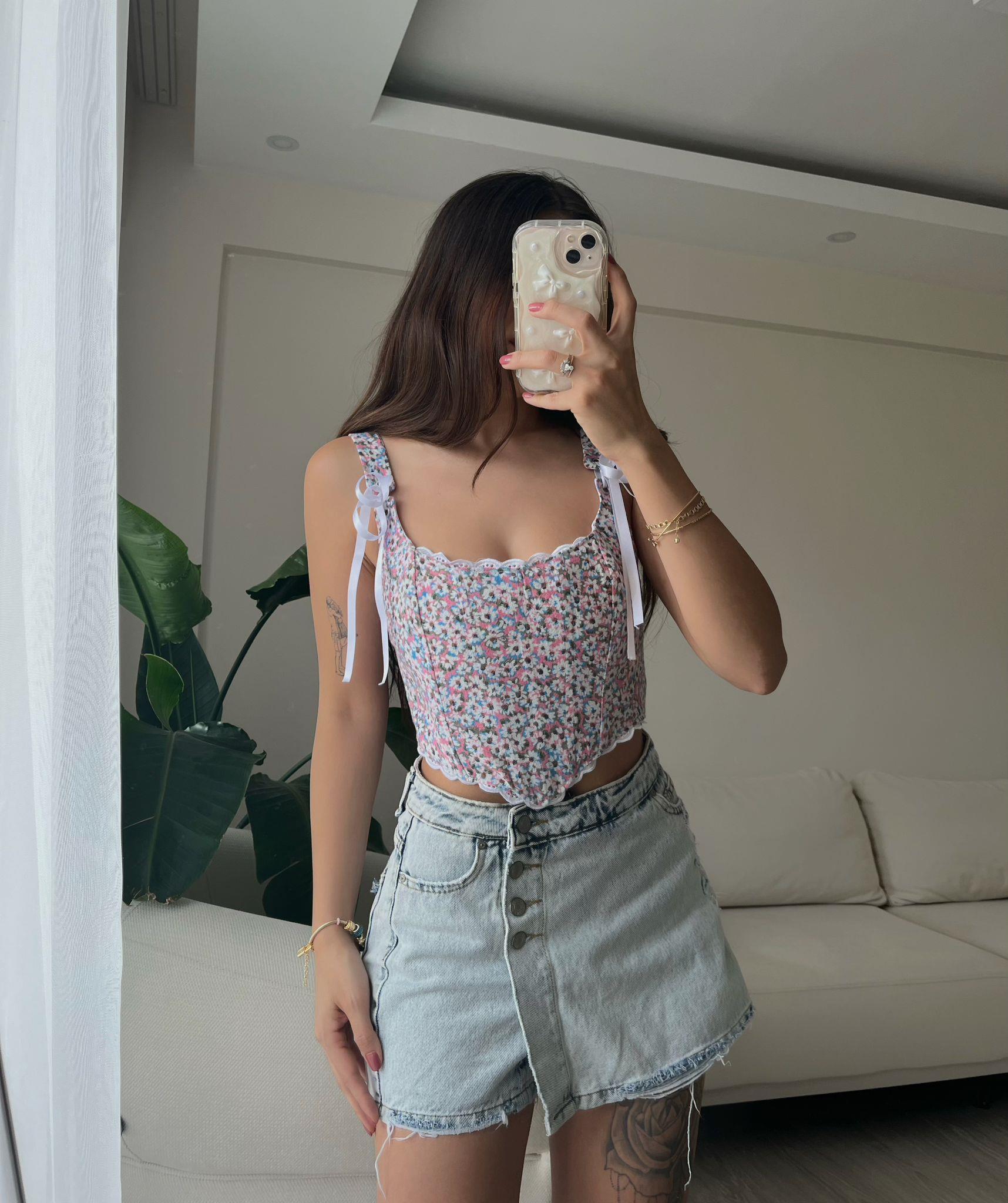 Coquette Çiçek Desen Kurdele Detaylı Balenli Pembe Korse